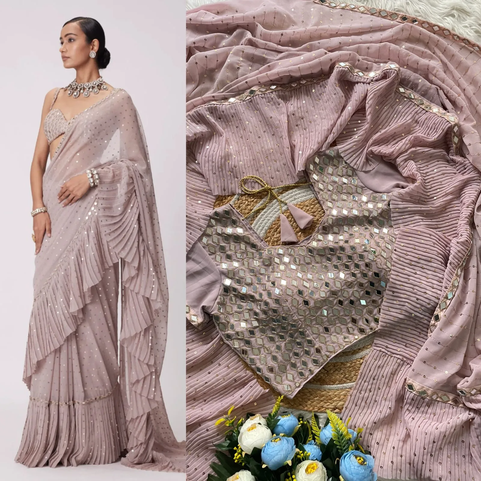 Bollywood Inspired Peach Color Mirror Saree