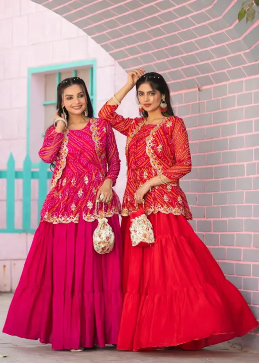 Buy Bandhani Printed Crop top with Jacket and Lehenga