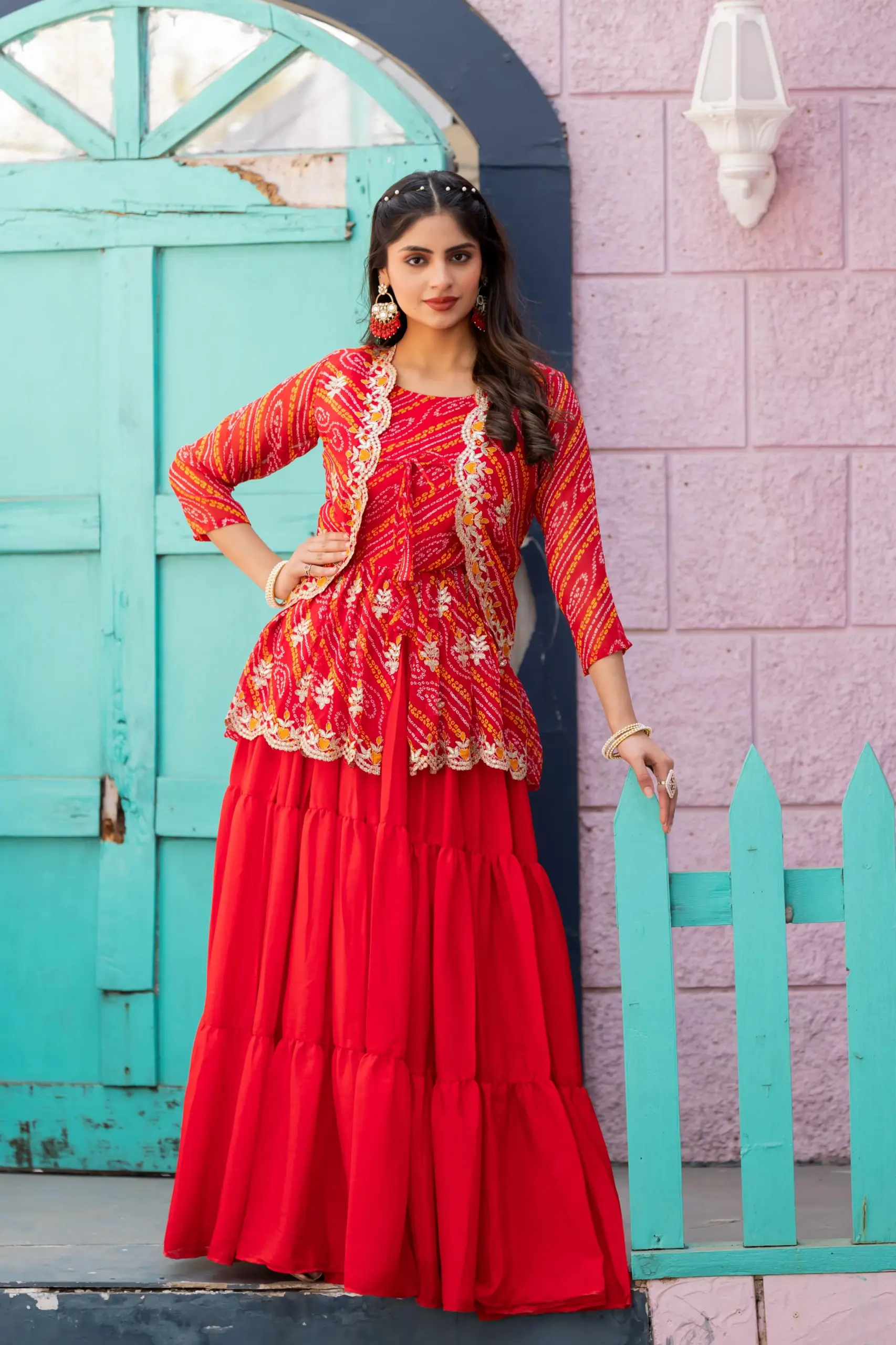 Buy Bandhani Printed Crop top with Jacket and Lehenga