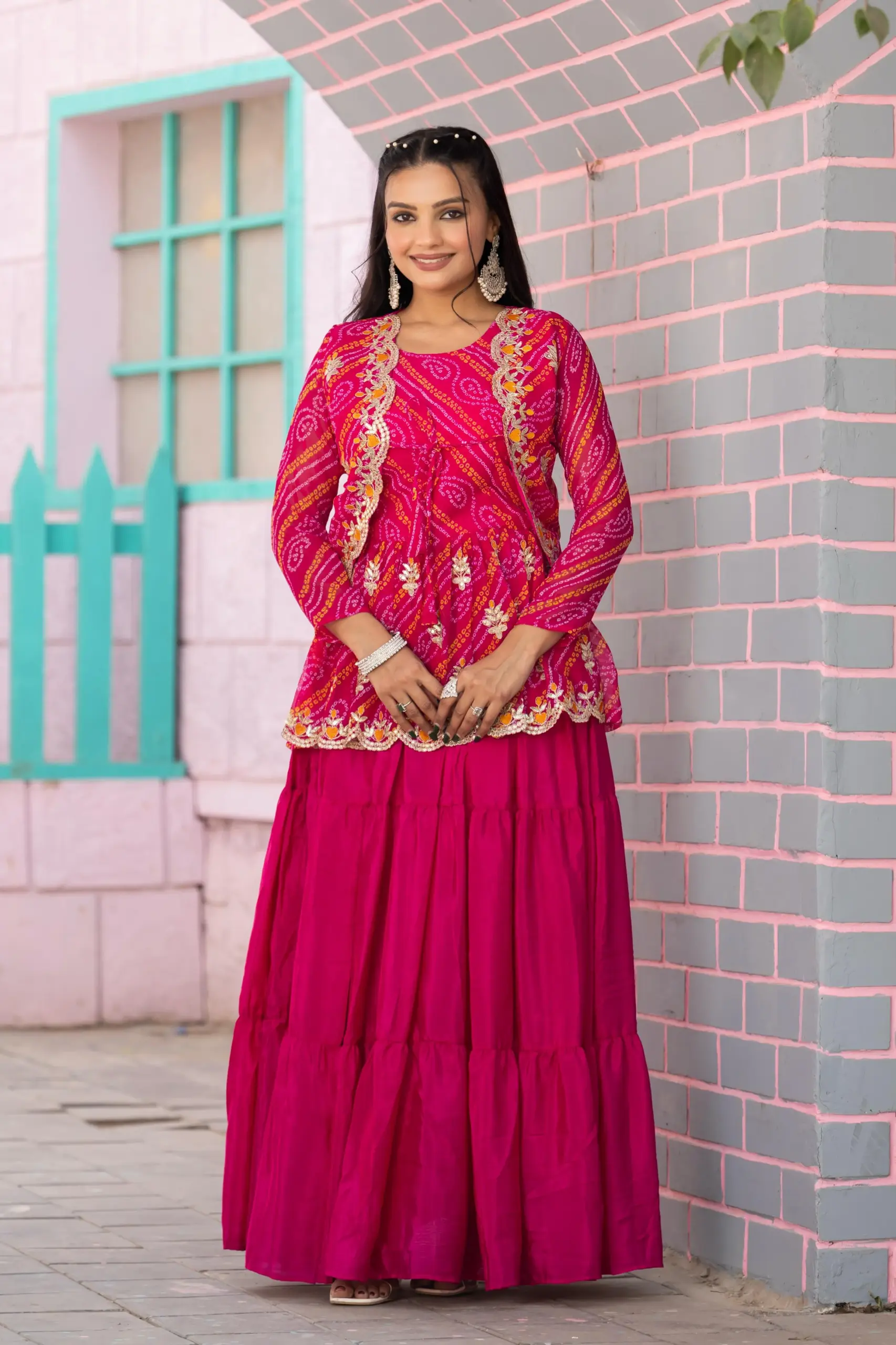 Buy Bandhani Printed Crop top with Jacket and Lehenga