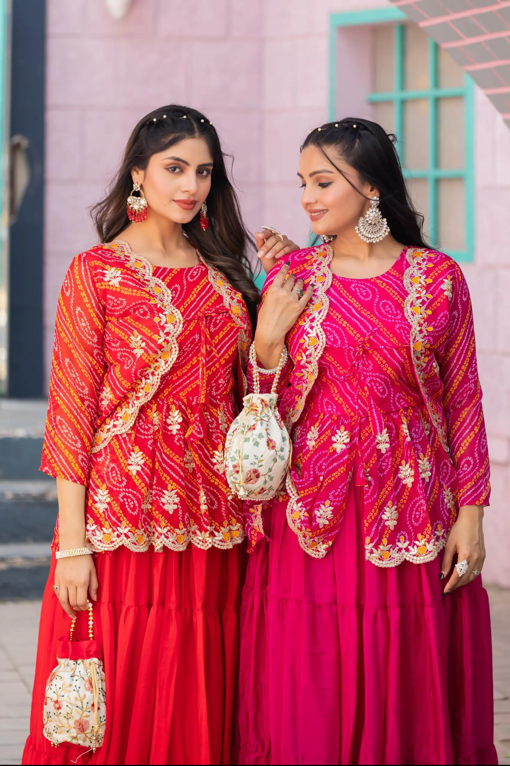 Buy Bandhani Printed Crop top with Jacket and Lehenga