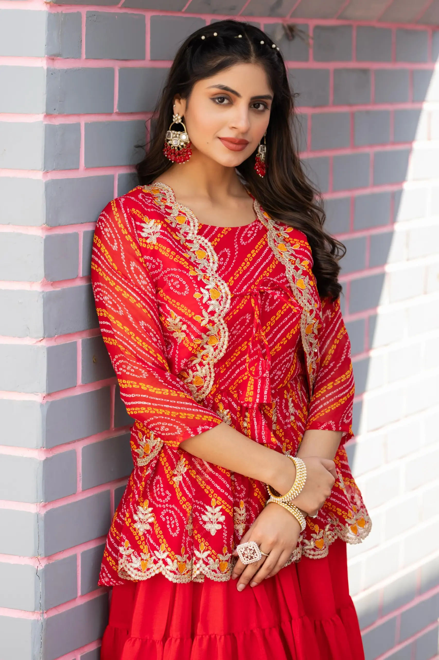 Buy Bandhani Printed Crop top with Jacket and Lehenga
