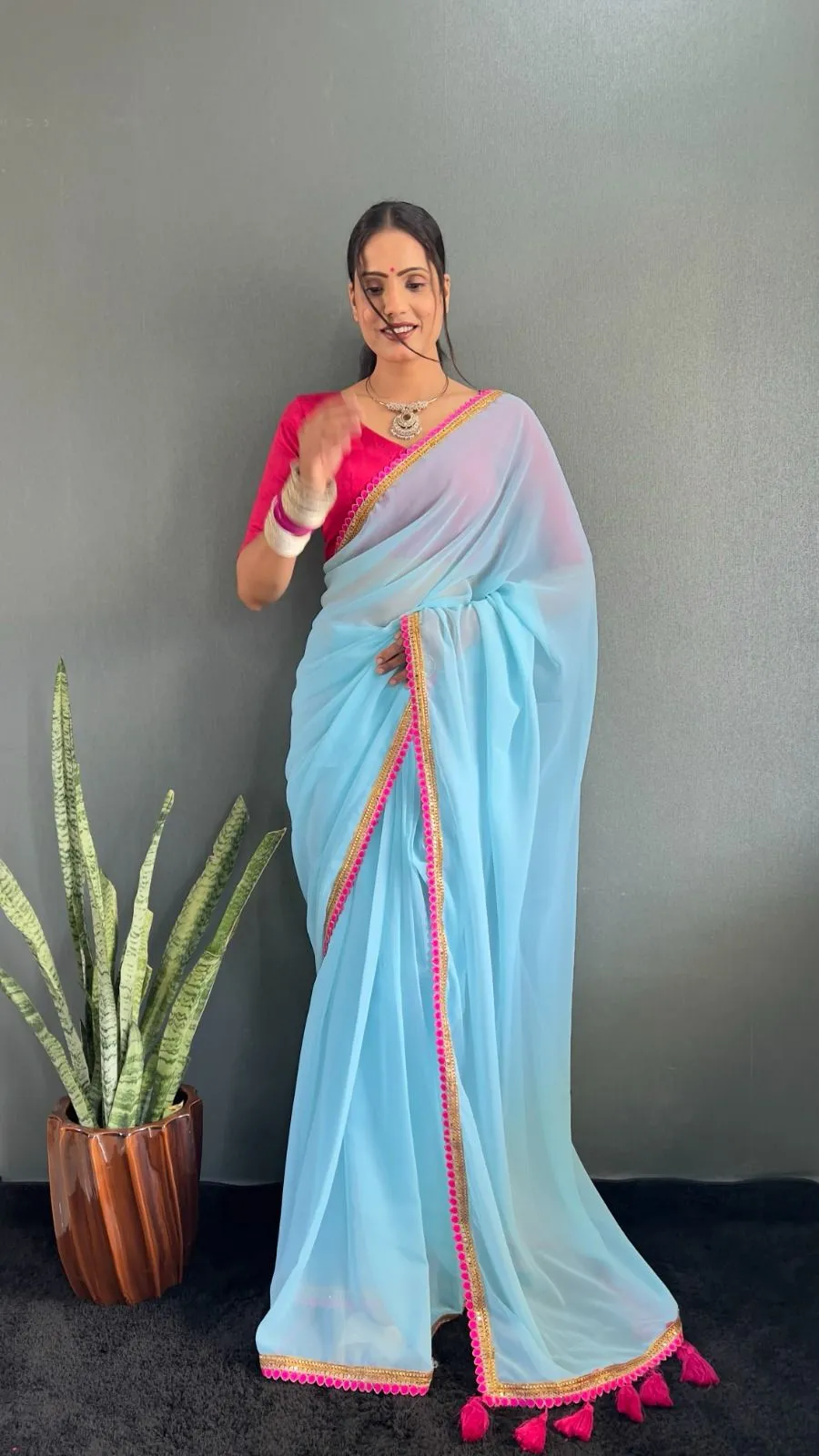 Buy Plain Saree with Lace border and funka