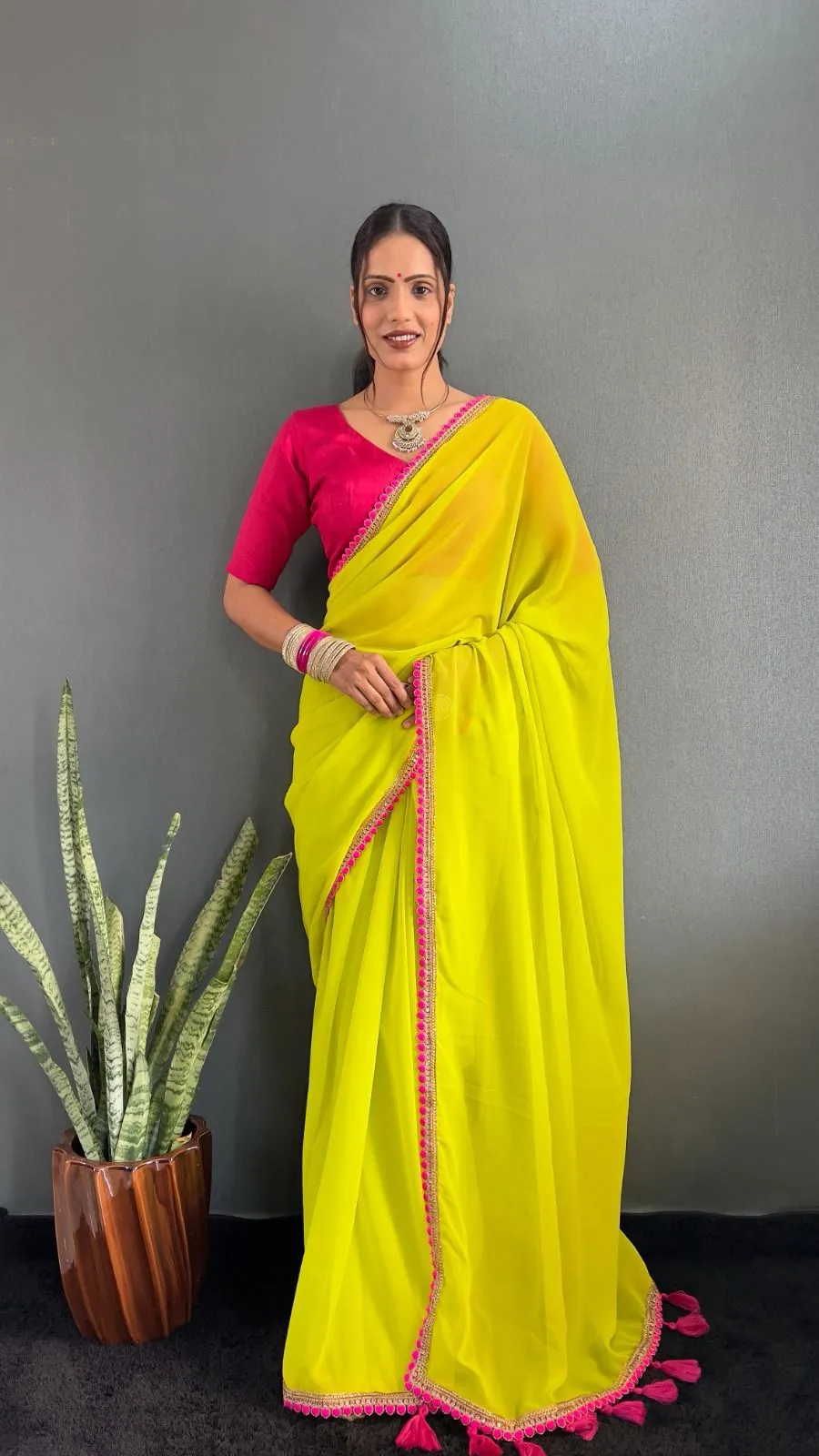 Buy Plain Saree with Lace border and funka