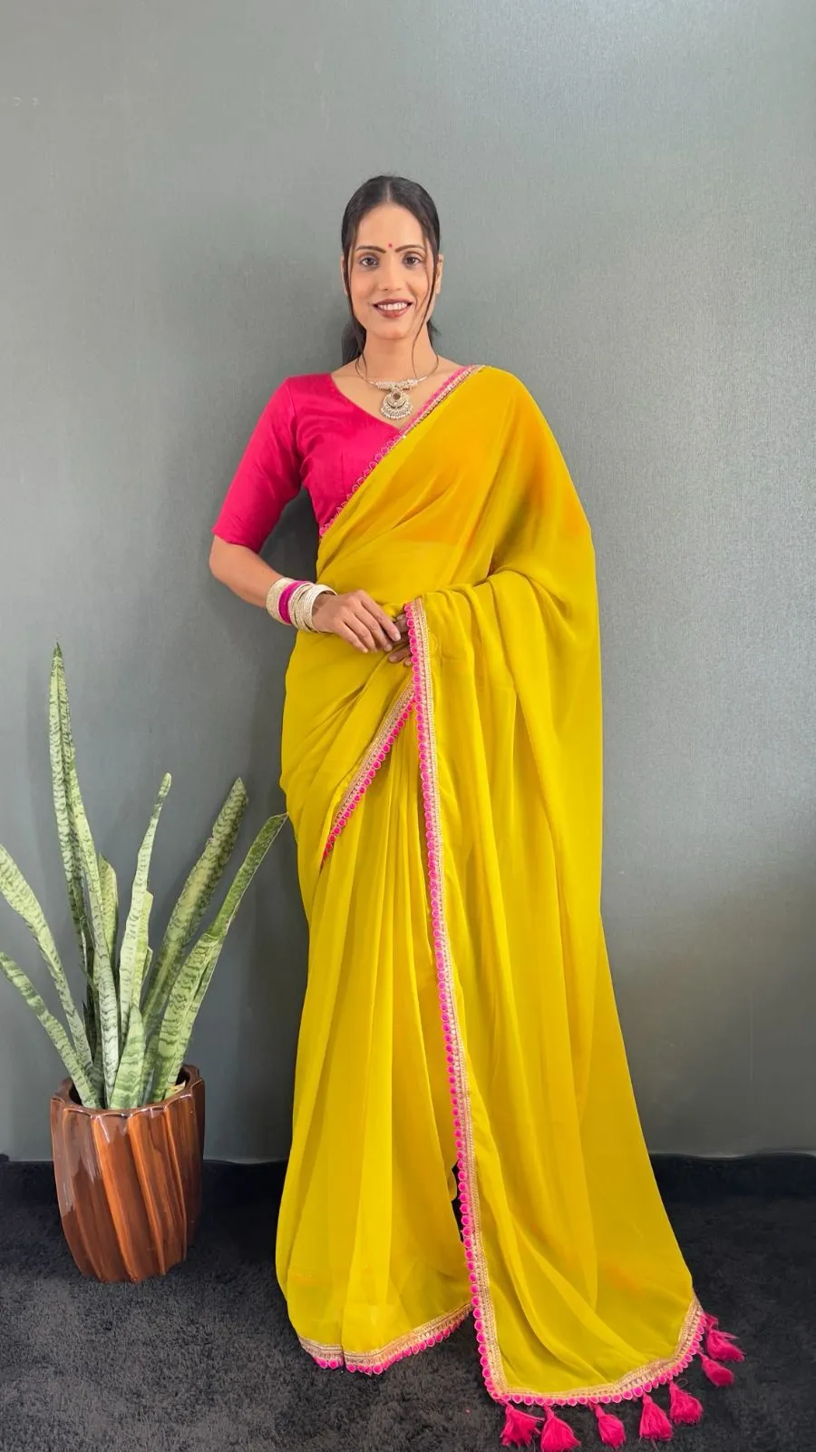Buy Plain Saree with Lace border and funka