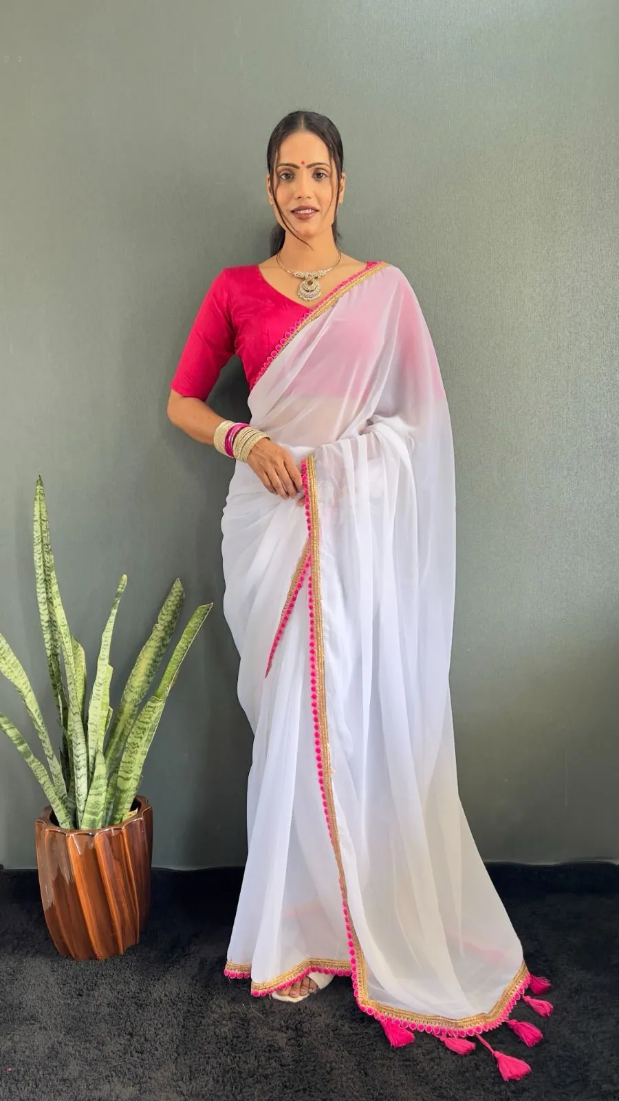 Buy Plain Saree with Lace border and funka