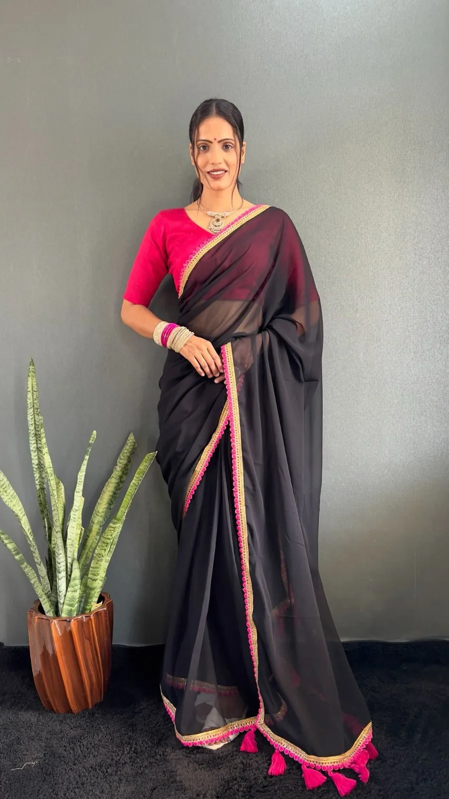 Buy Plain Saree with Lace border and funka