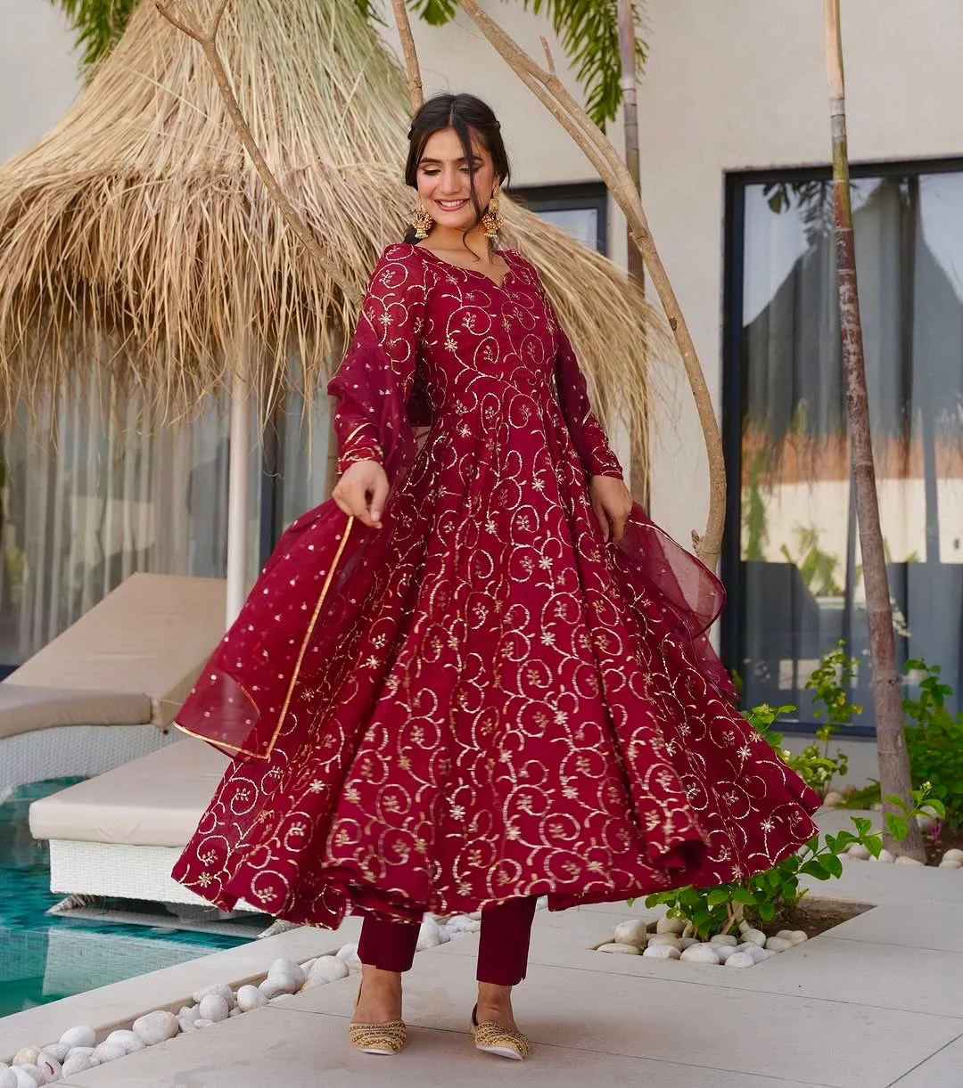 Buy Red Full Embroidery Anarkali Gown