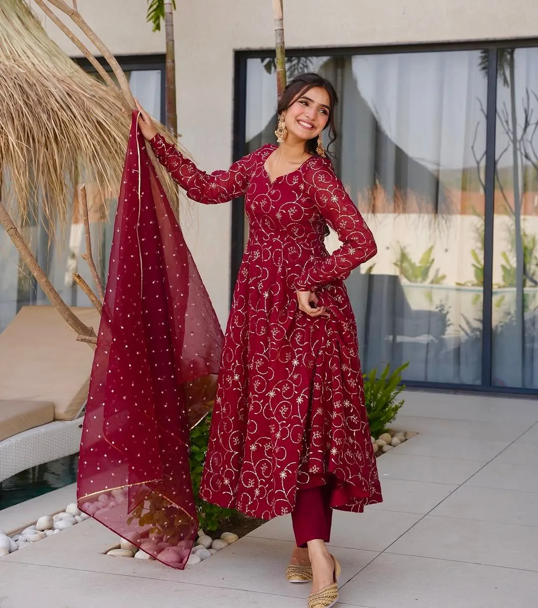Buy Red Full Embroidery Anarkali Gown