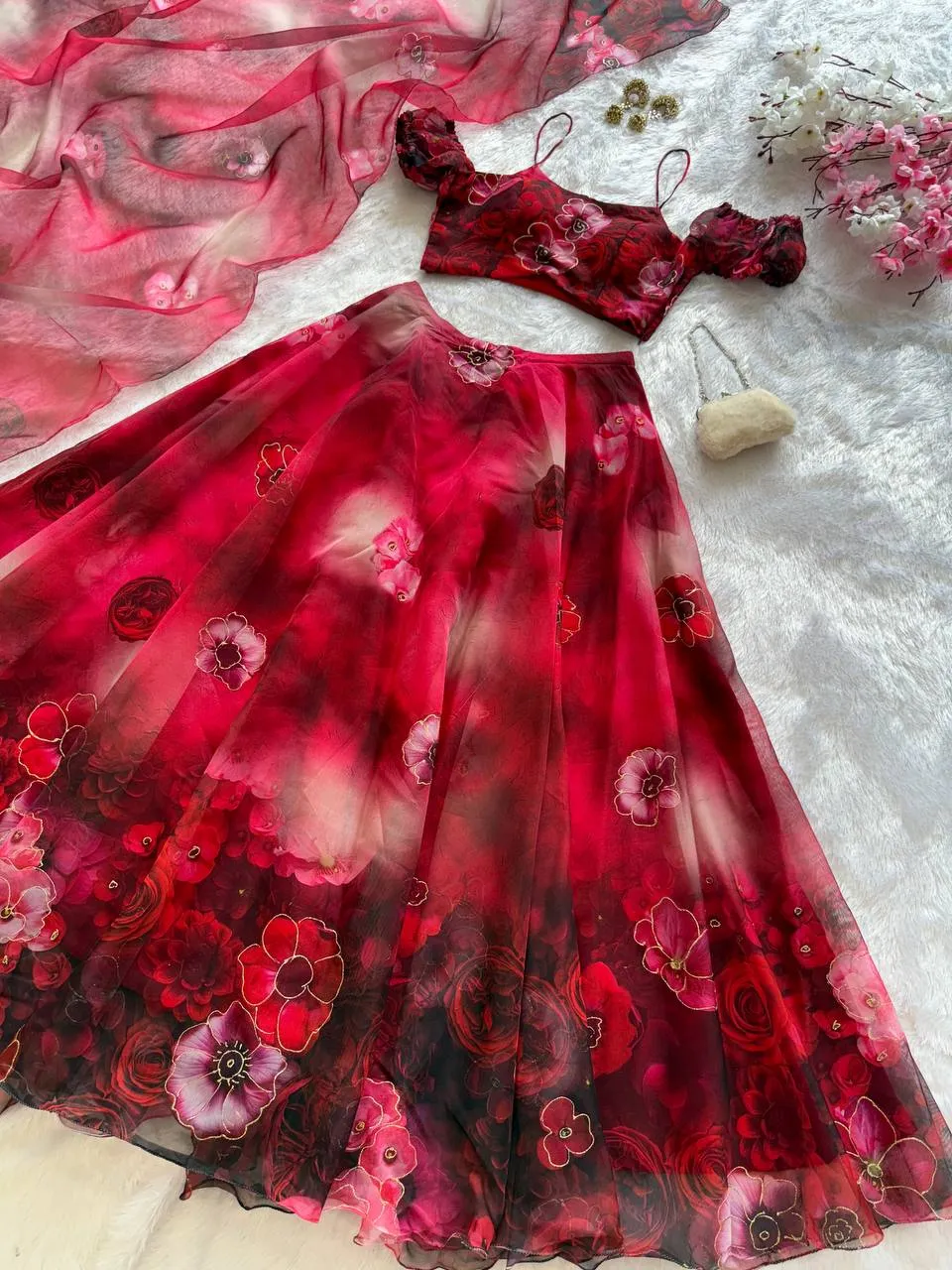 Cherry Red Floral Lehenga with Fancy Blouse Pattern
