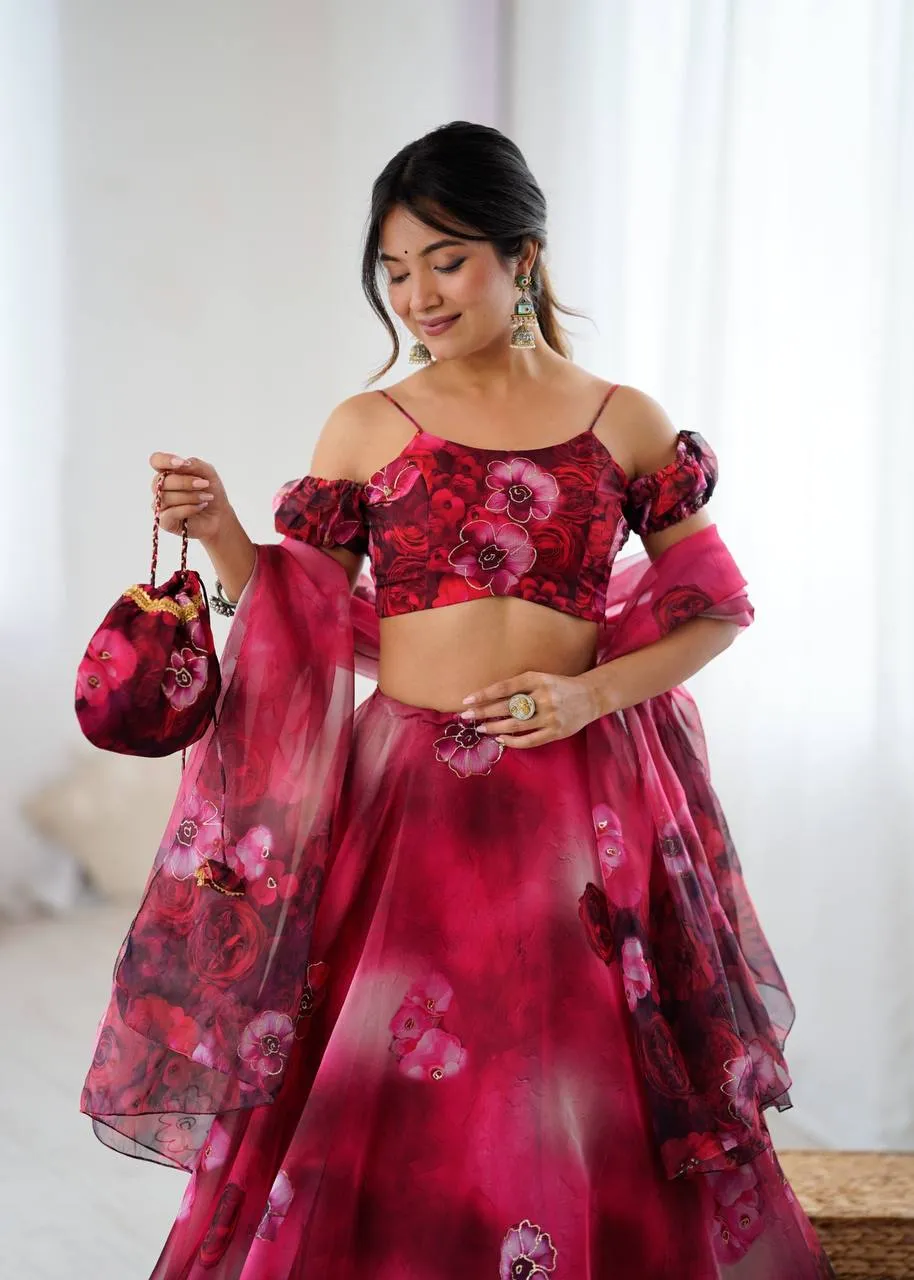 Cherry Red Floral Lehenga with Fancy Blouse Pattern