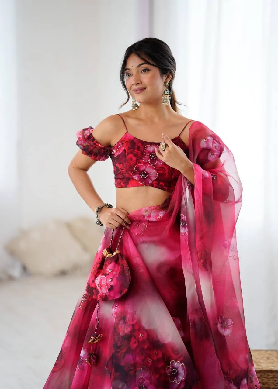 Cherry Red Floral Lehenga with Fancy Blouse Pattern