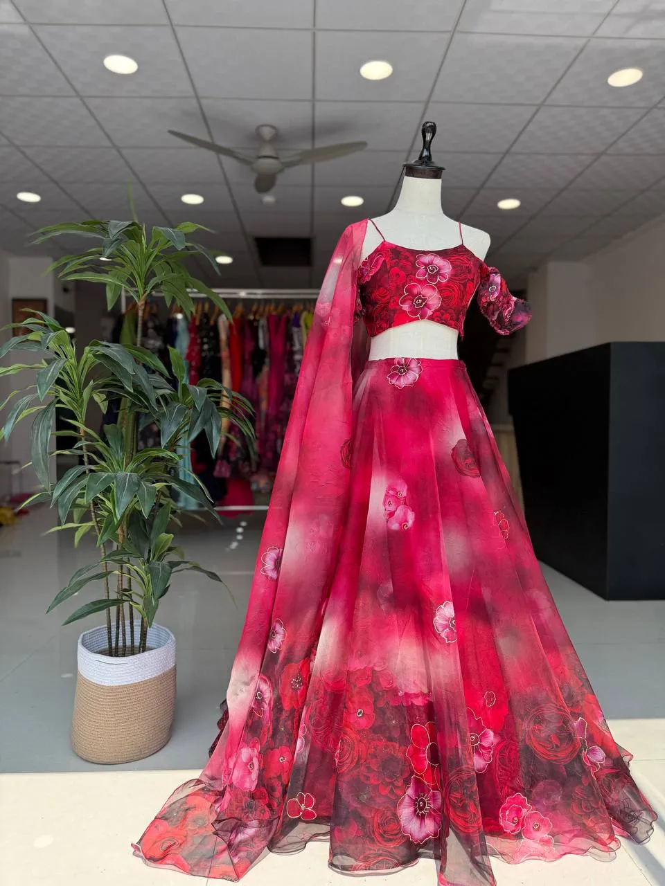 Cherry Red Floral Lehenga with Fancy Blouse Pattern