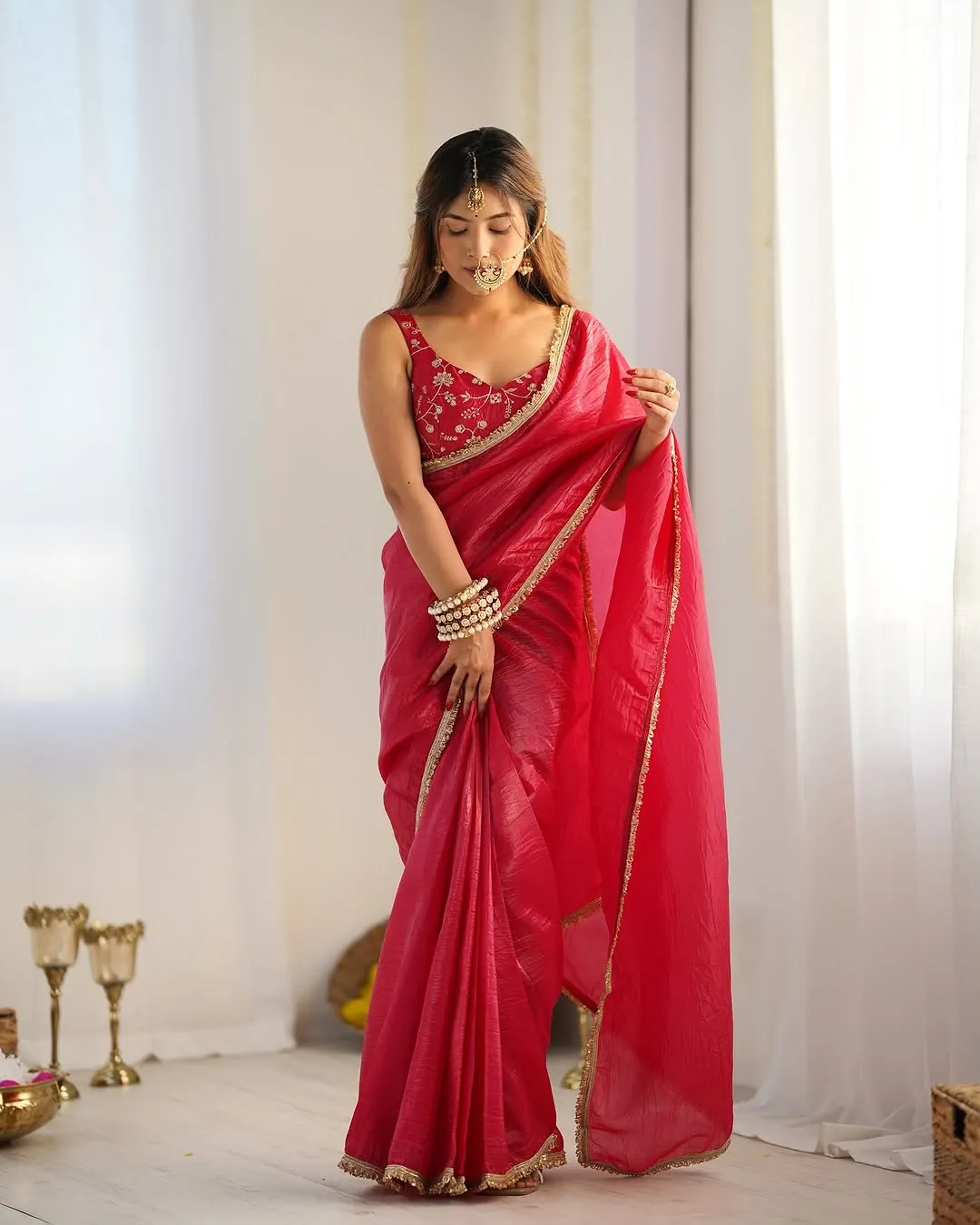 Diwali wear Red Color Saree with Stitched Blouse