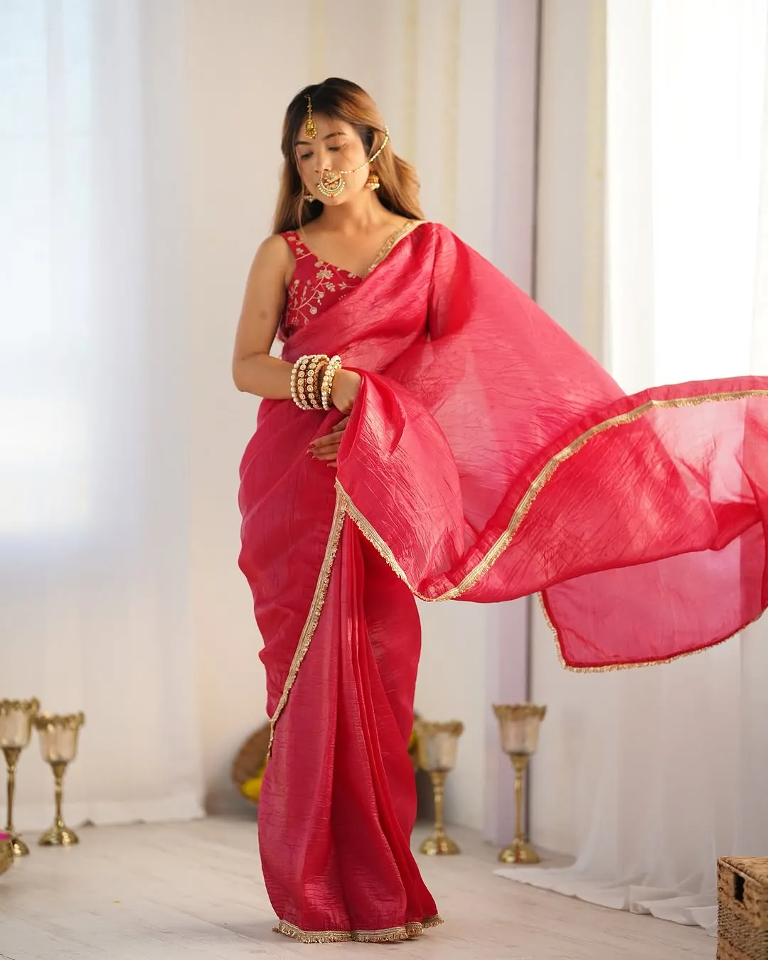 Diwali wear Red Color Saree with Stitched Blouse