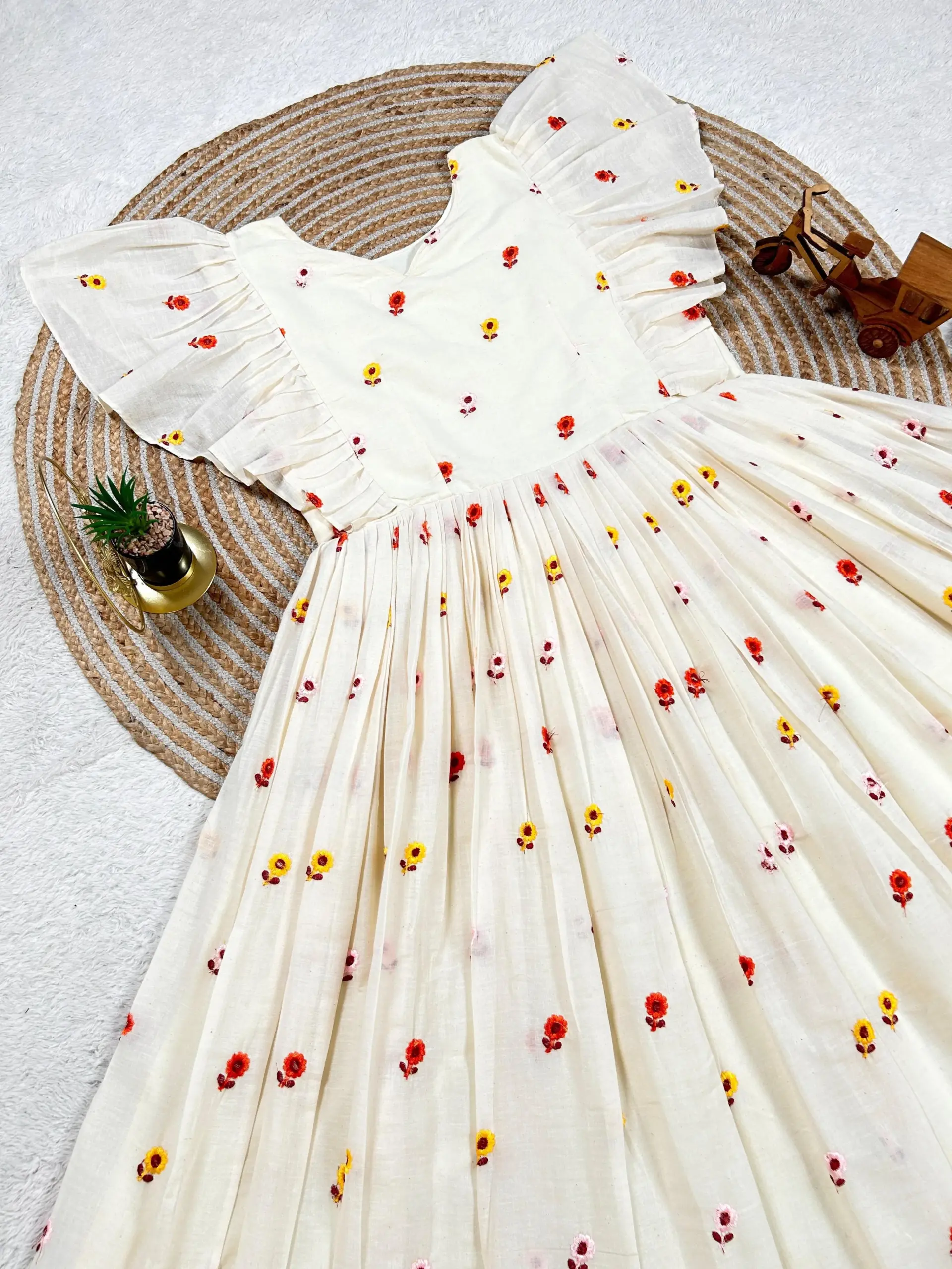 Fancy Cotton Frock with Flower Embroidery