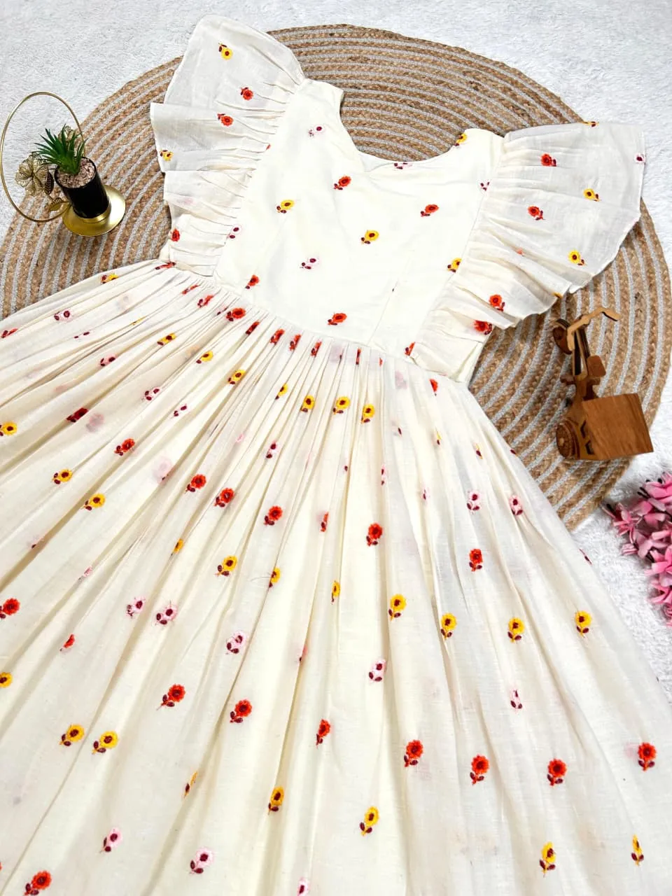 Fancy Cotton Frock with Flower Embroidery