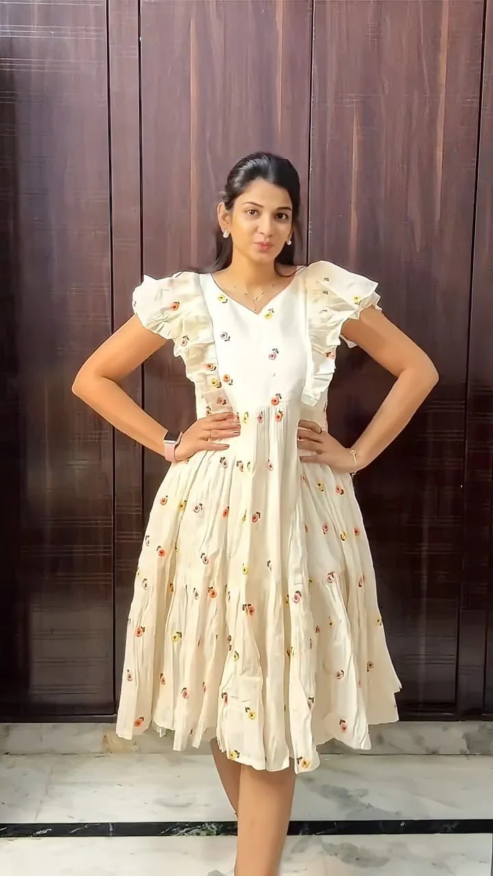 Fancy Cotton Frock with Flower Embroidery