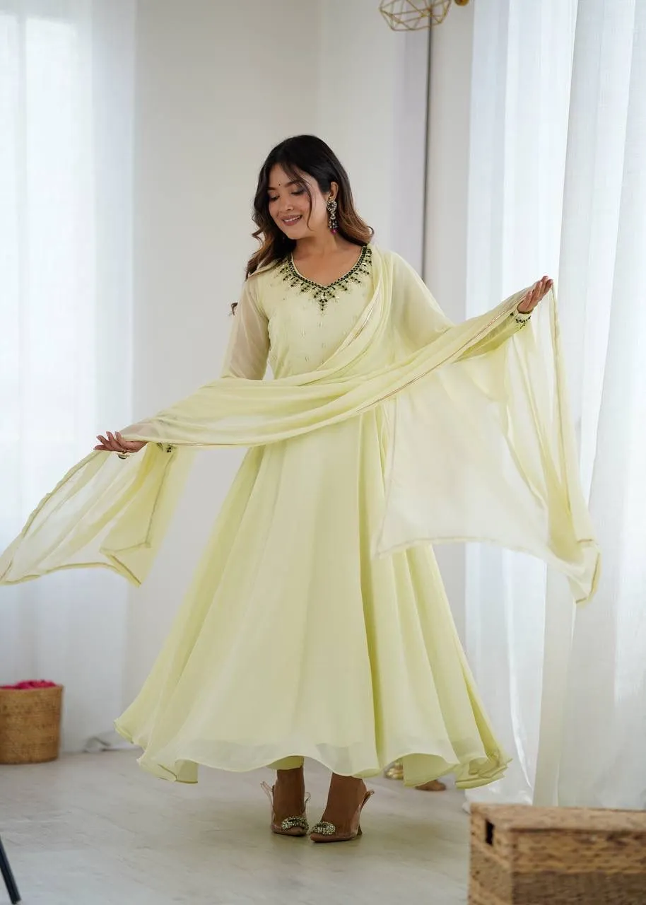 Festive Special Lime Color Handwork Gown