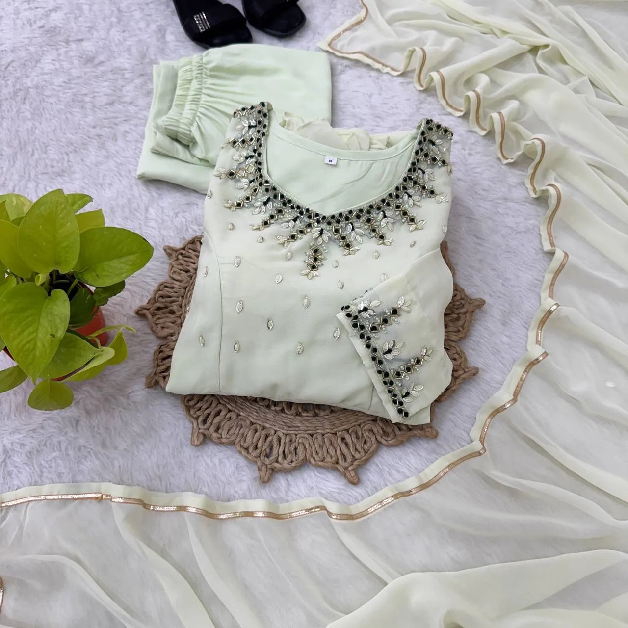 Festive Special Lime Color Handwork Gown