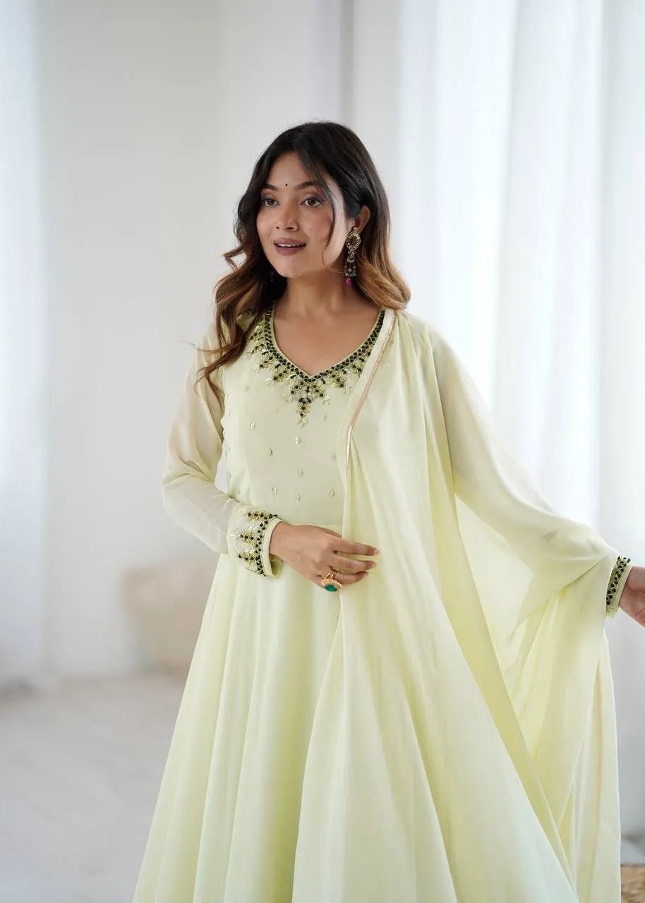 Festive Special Lime Color Handwork Gown