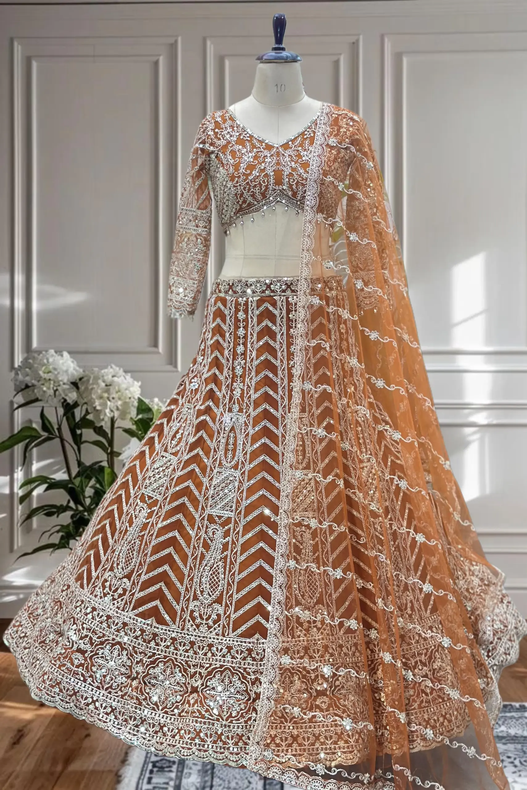Festive Wear Orange Net Lehenga