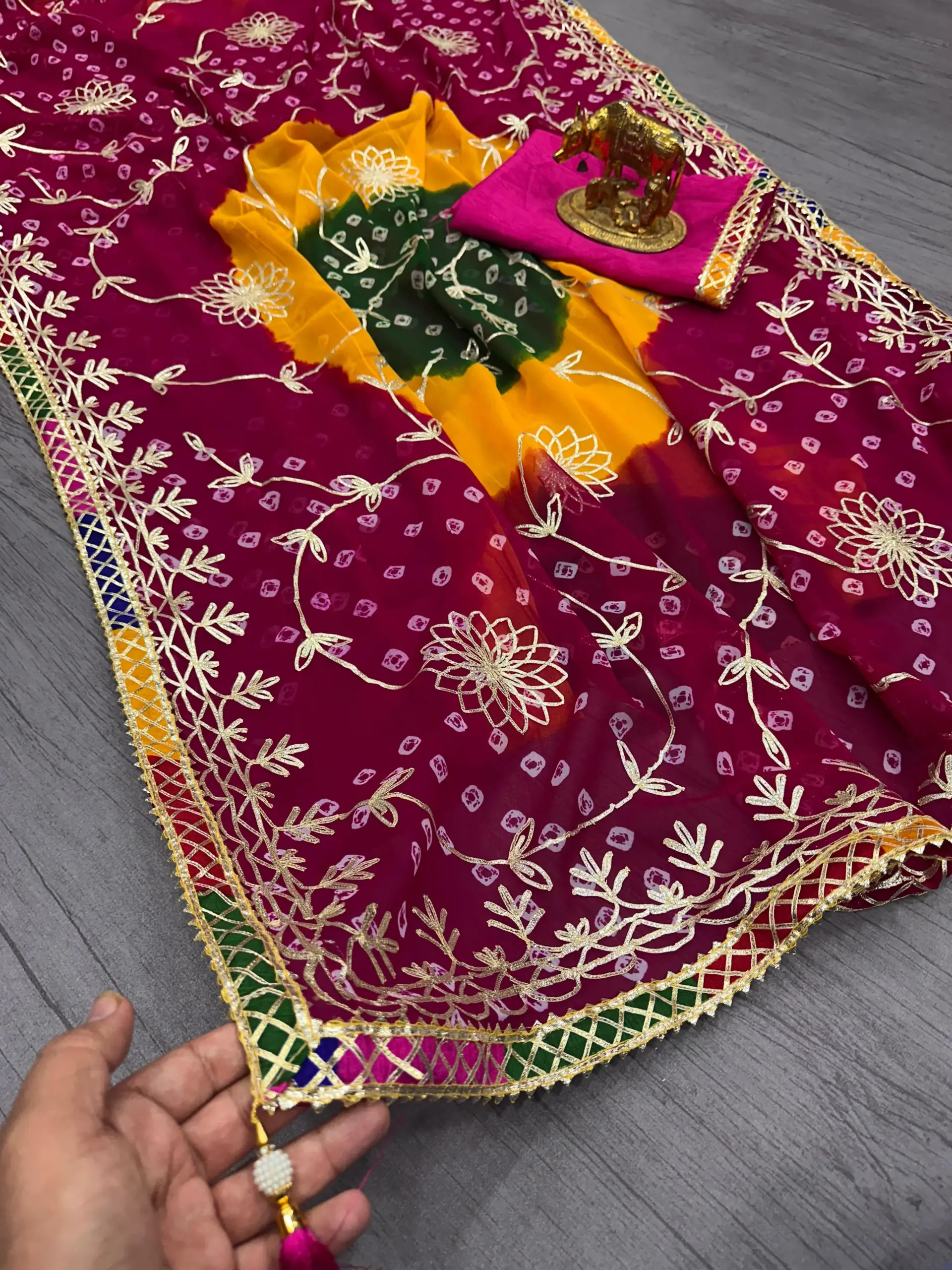 Jaipuri Bandhani Saree with Gota Work For Festive wear