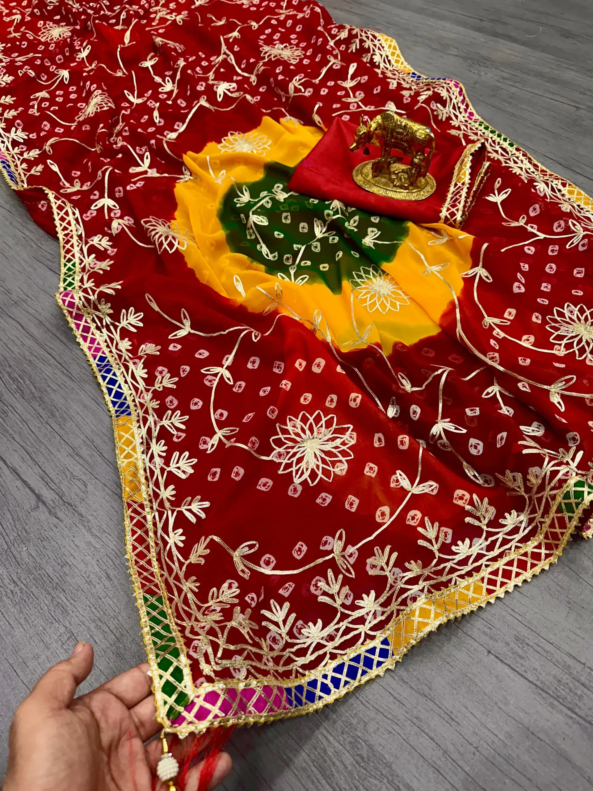 Jaipuri Bandhani Saree with Gota Work For Festive wear