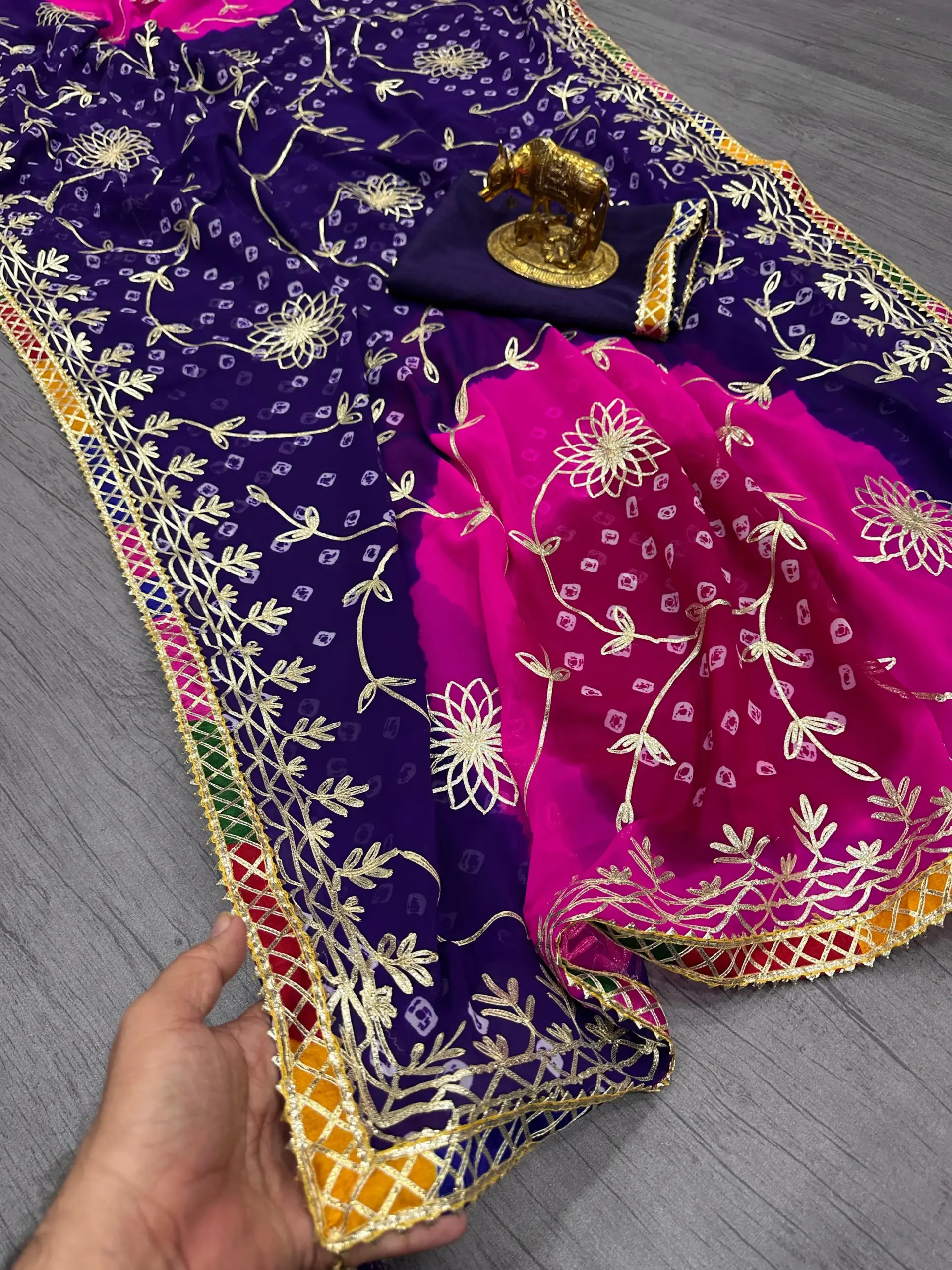 Jaipuri Bandhani Saree with Gota Work For Festive wear