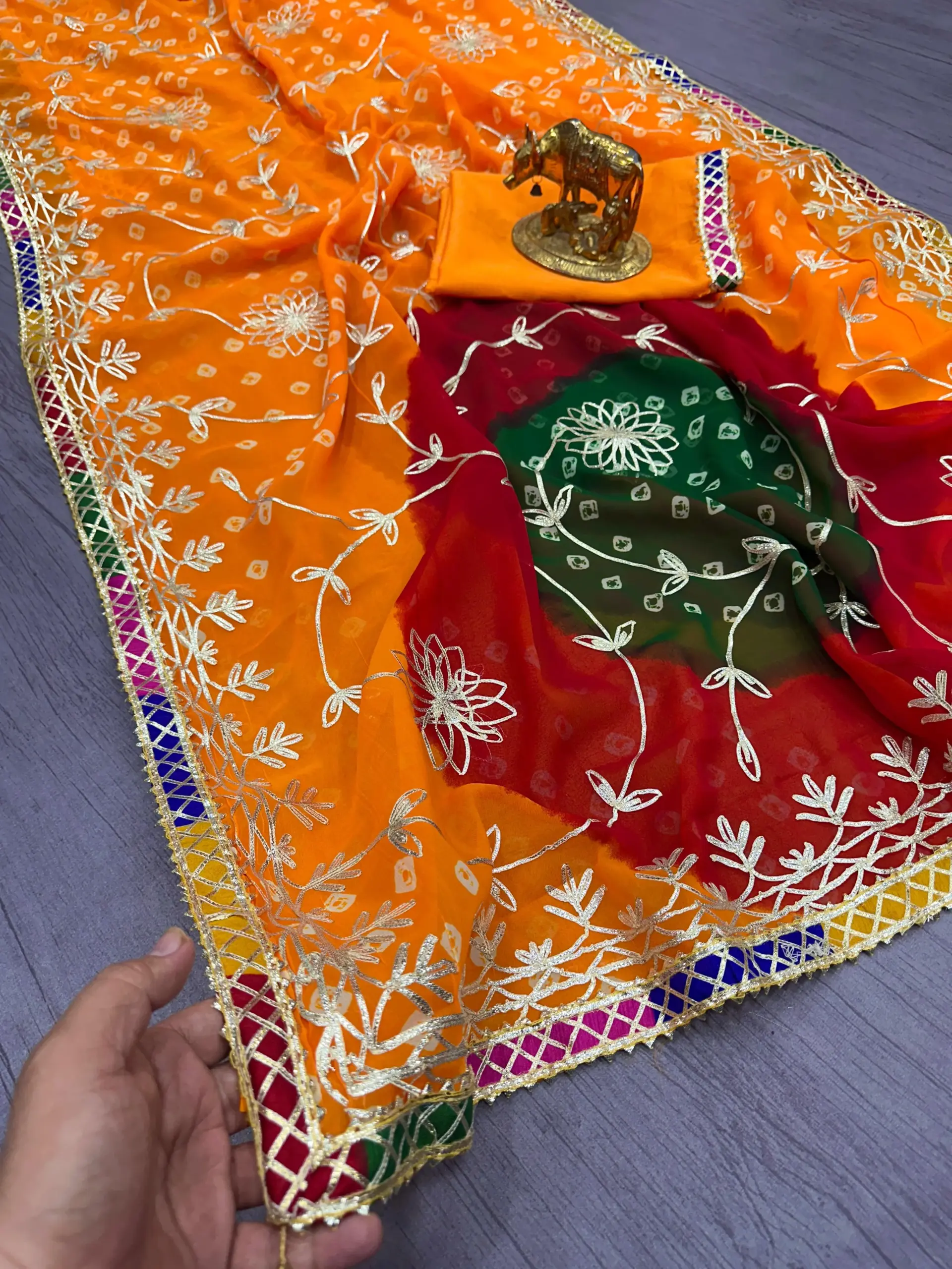 Jaipuri Bandhani Saree with Gota Work For Festive wear