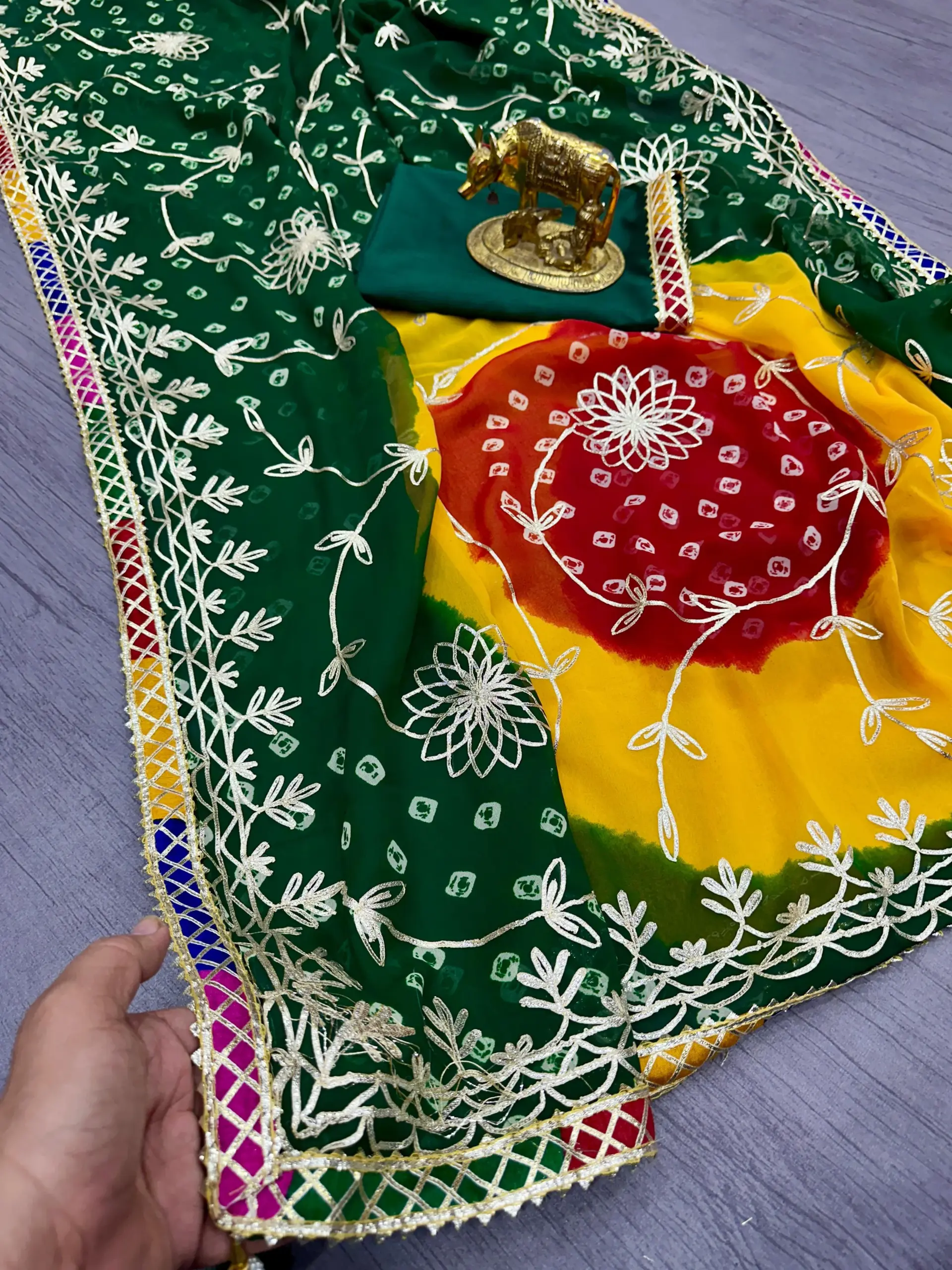 Jaipuri Bandhani Saree with Gota Work For Festive wear