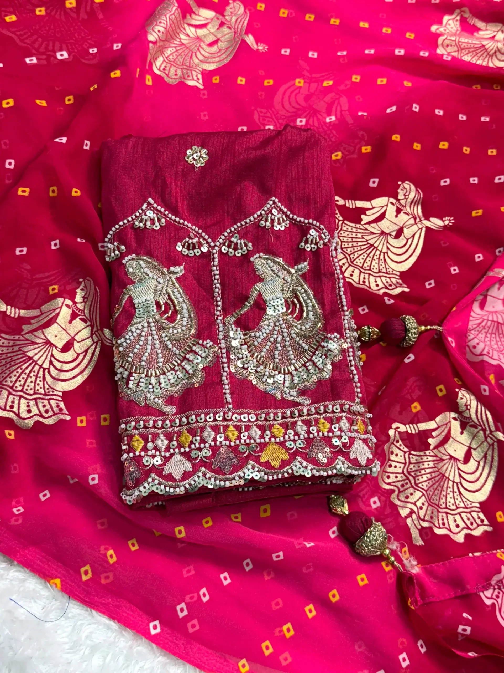 Karwa Chauth Special Bandhani Printed Khatli Work Saree