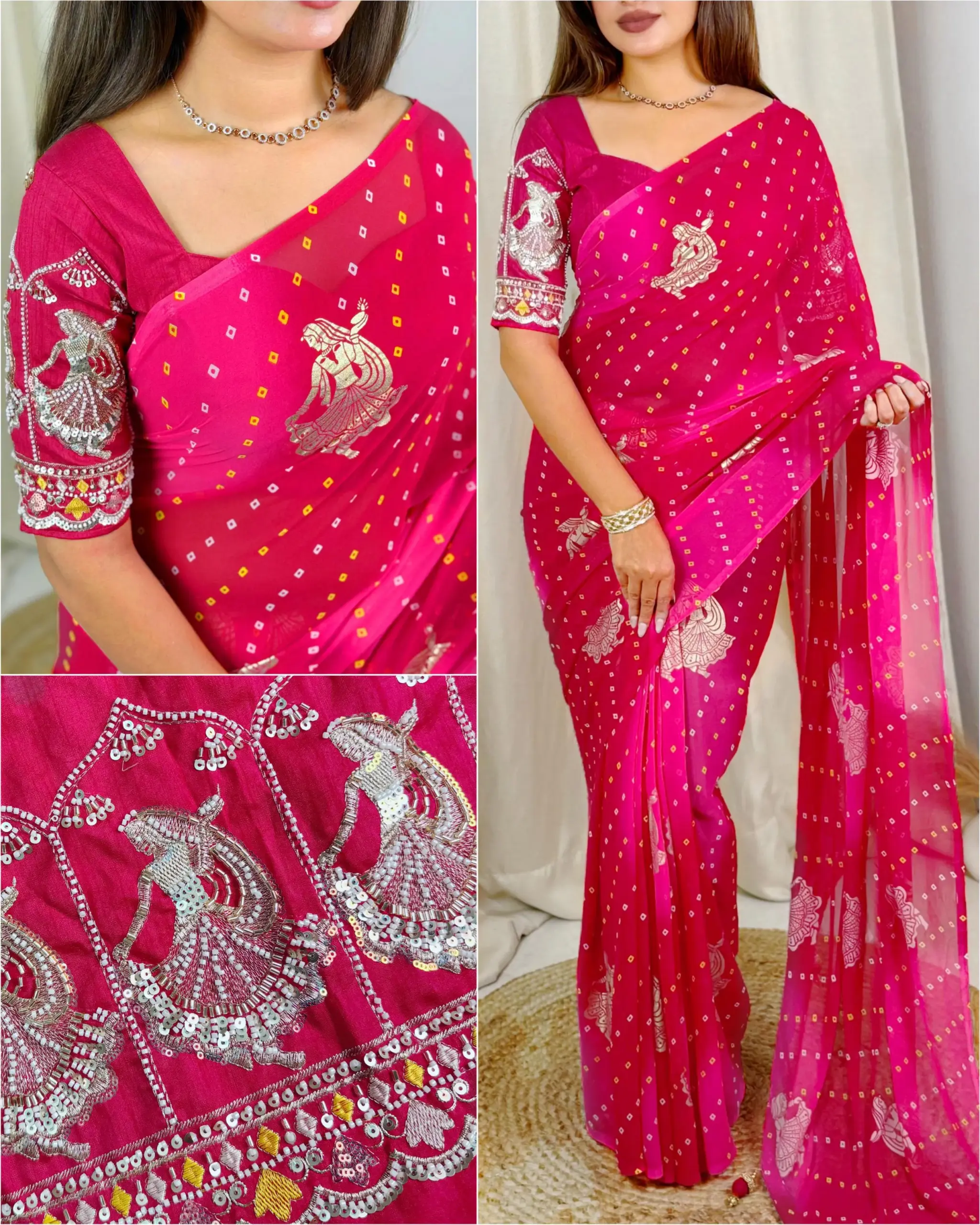 Karwa Chauth Special Bandhani Printed Khatli Work Saree
