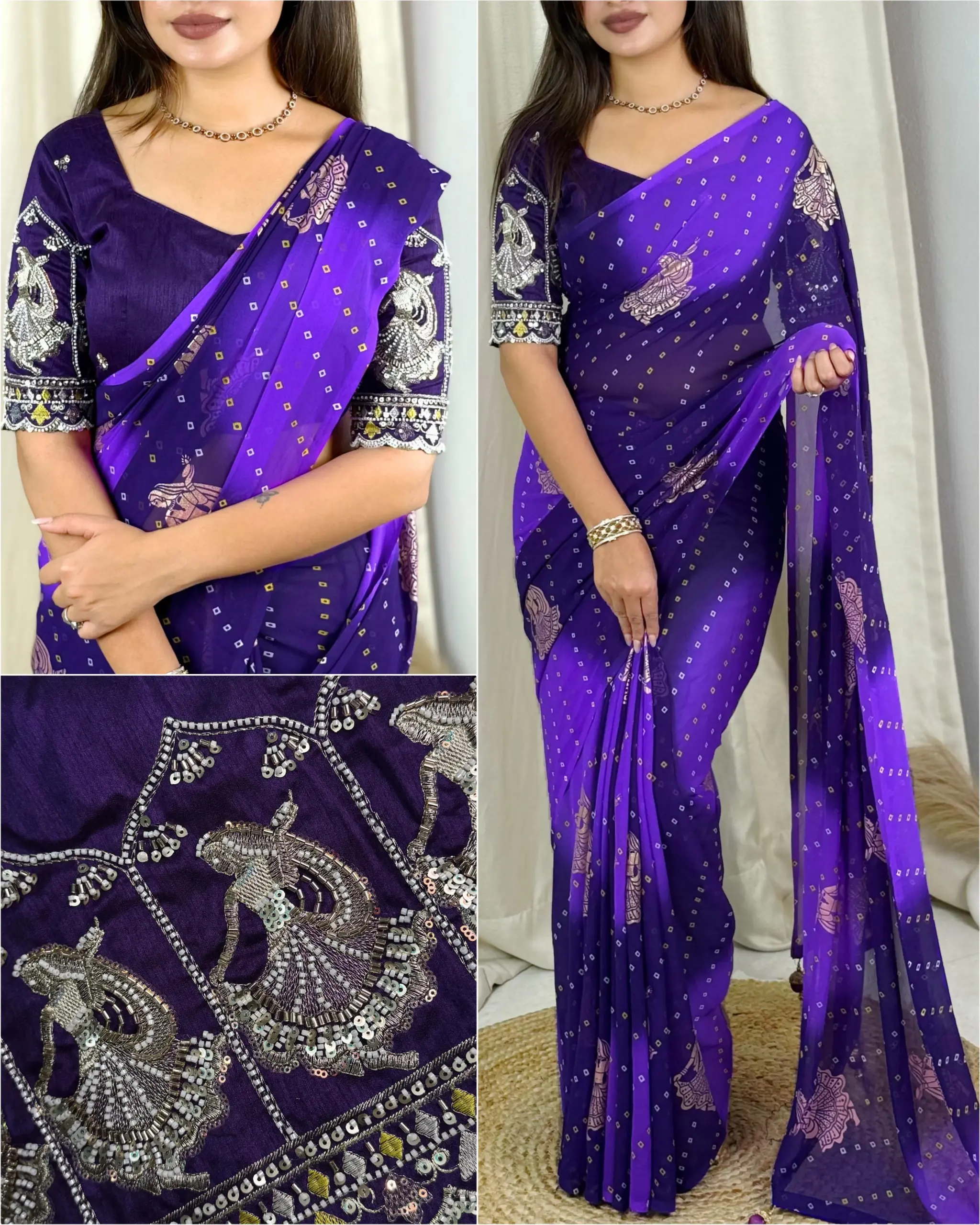 Karwa Chauth Special Bandhani Printed Khatli Work Saree