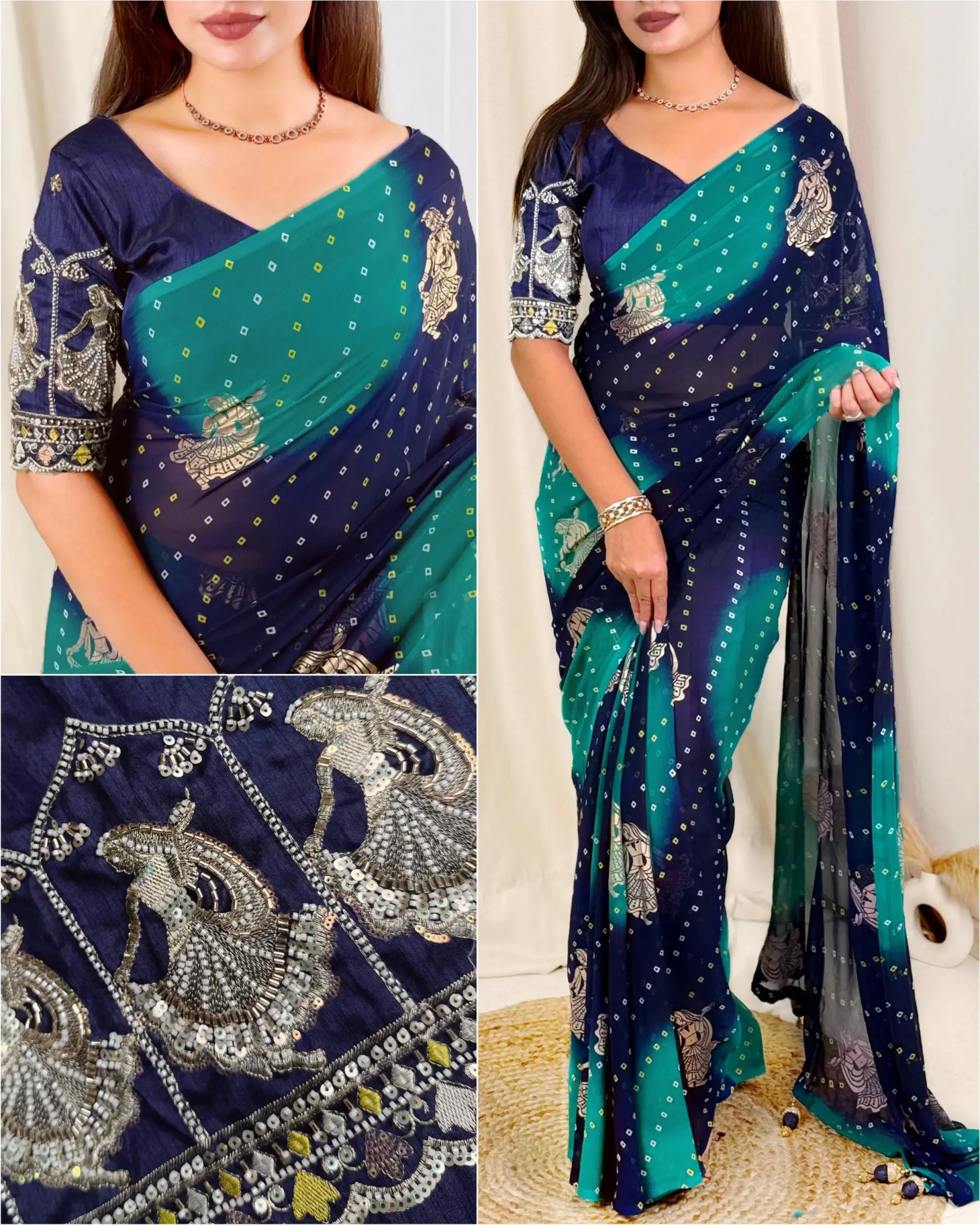Karwa Chauth Special Bandhani Printed Khatli Work Saree