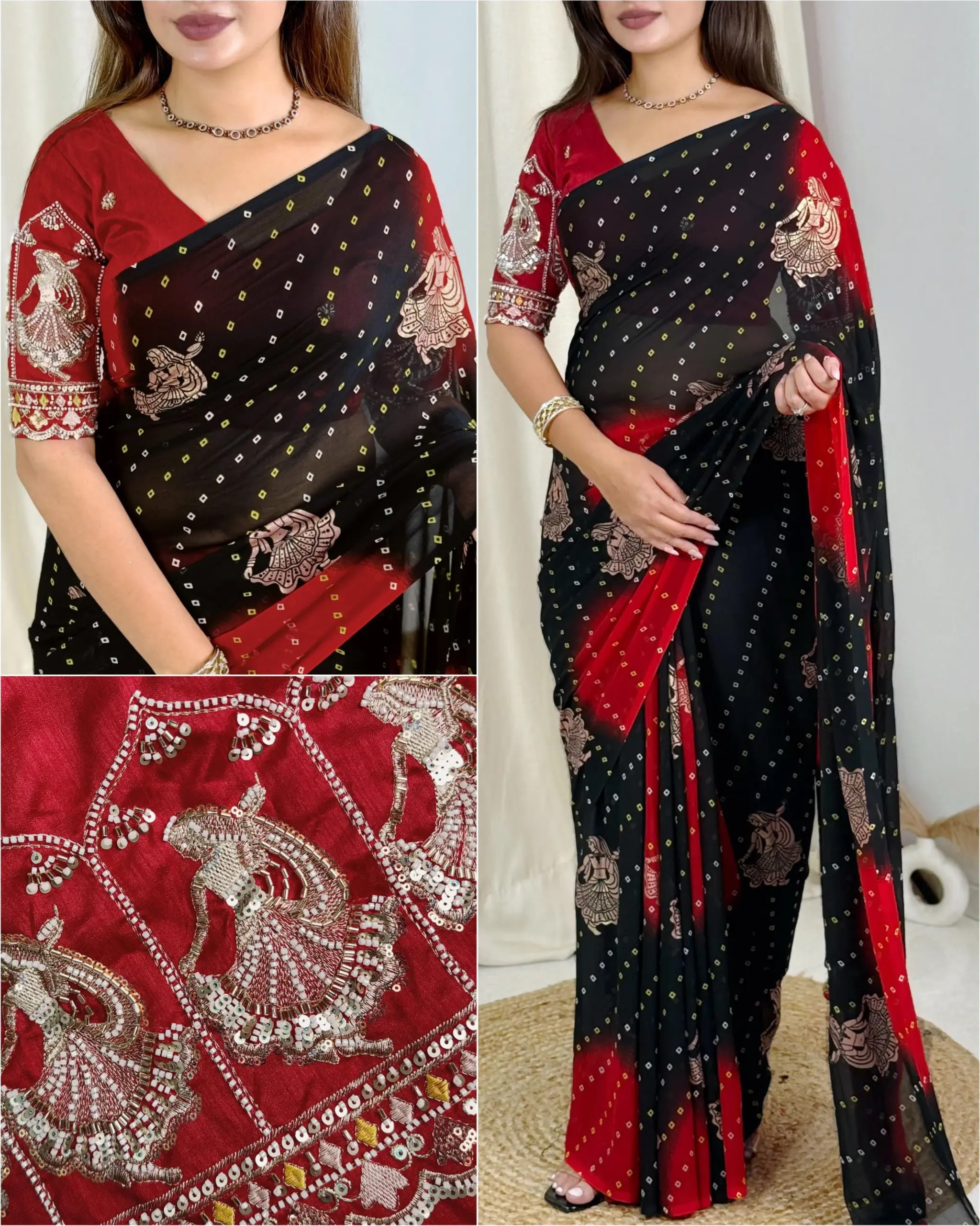 Karwa Chauth Special Bandhani Printed Khatli Work Saree