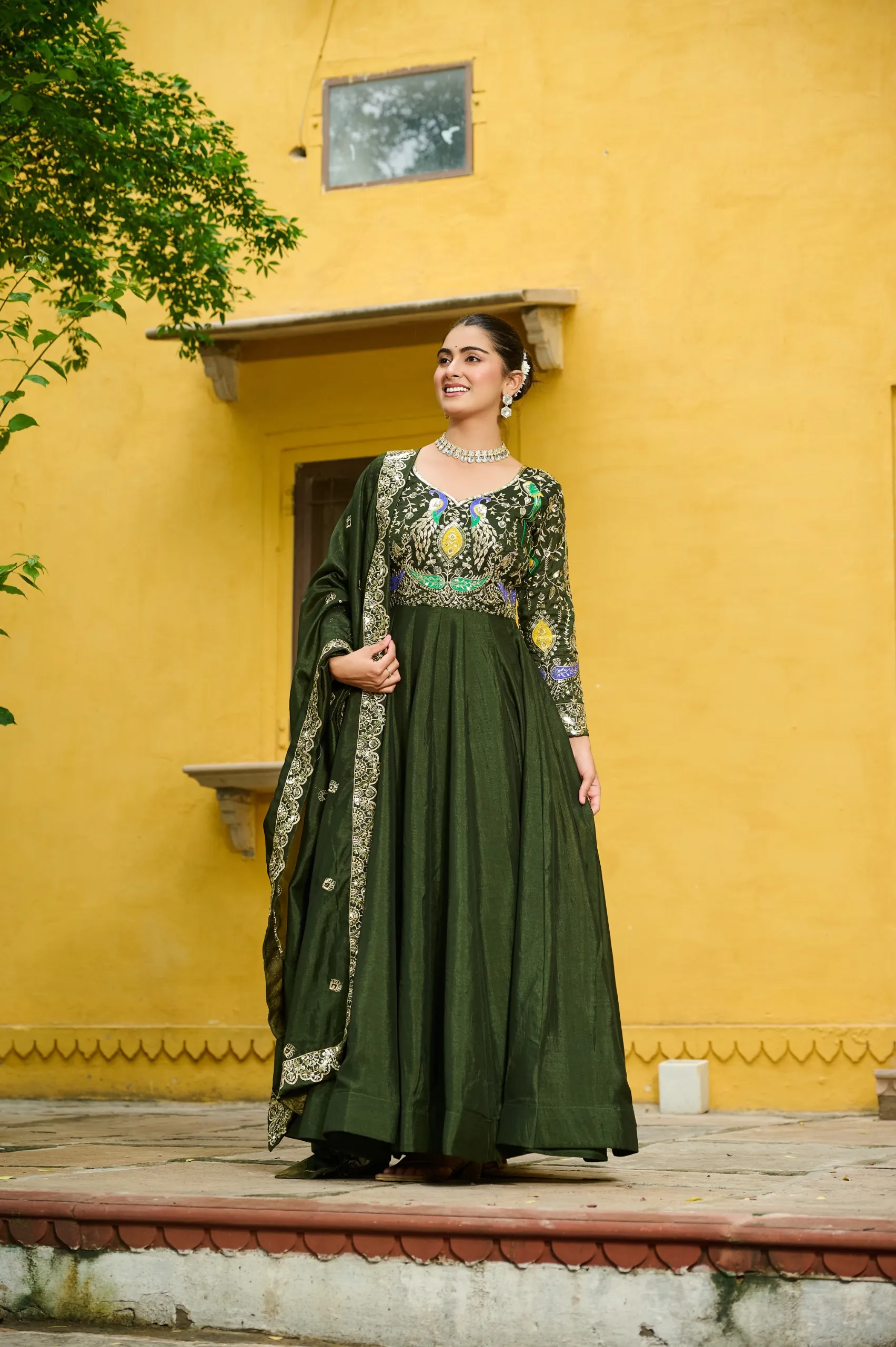 Mehendi Color Festive Gown with Dupatta