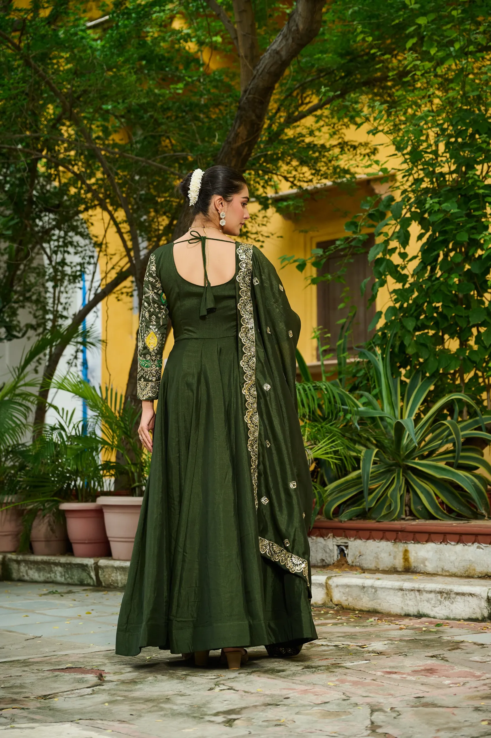 Mehendi Color Festive Gown with Dupatta