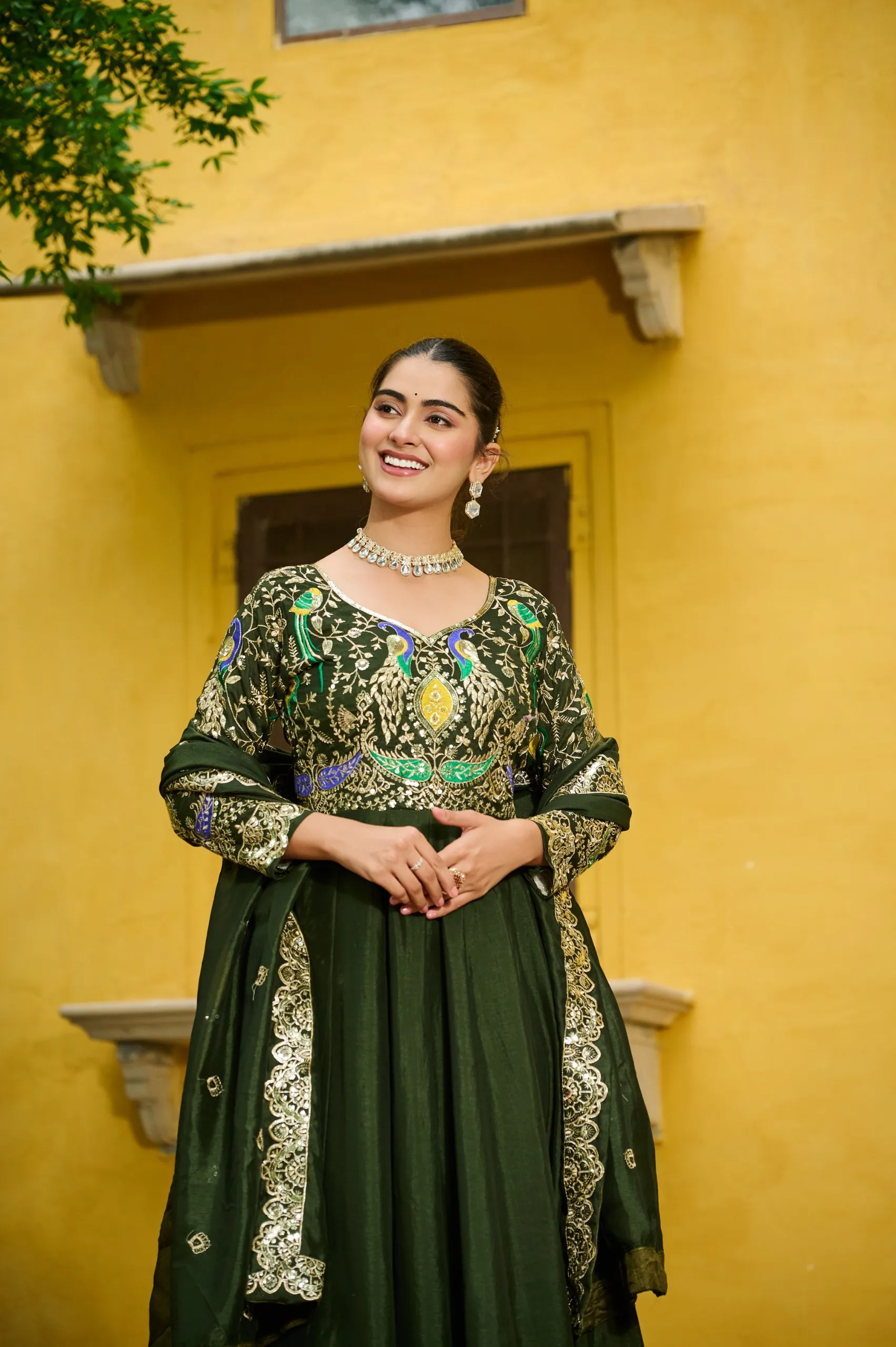 Mehendi Color Festive Gown with Dupatta