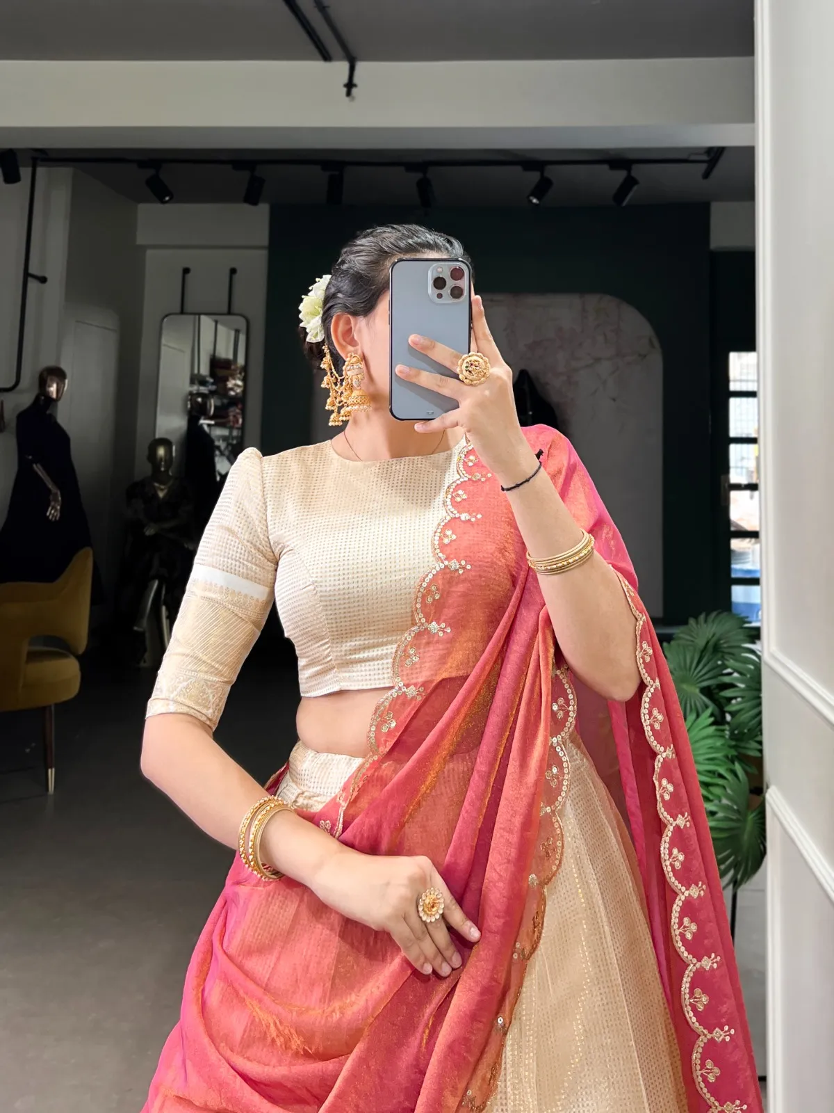 Off White Half Saree Lehenga Choli