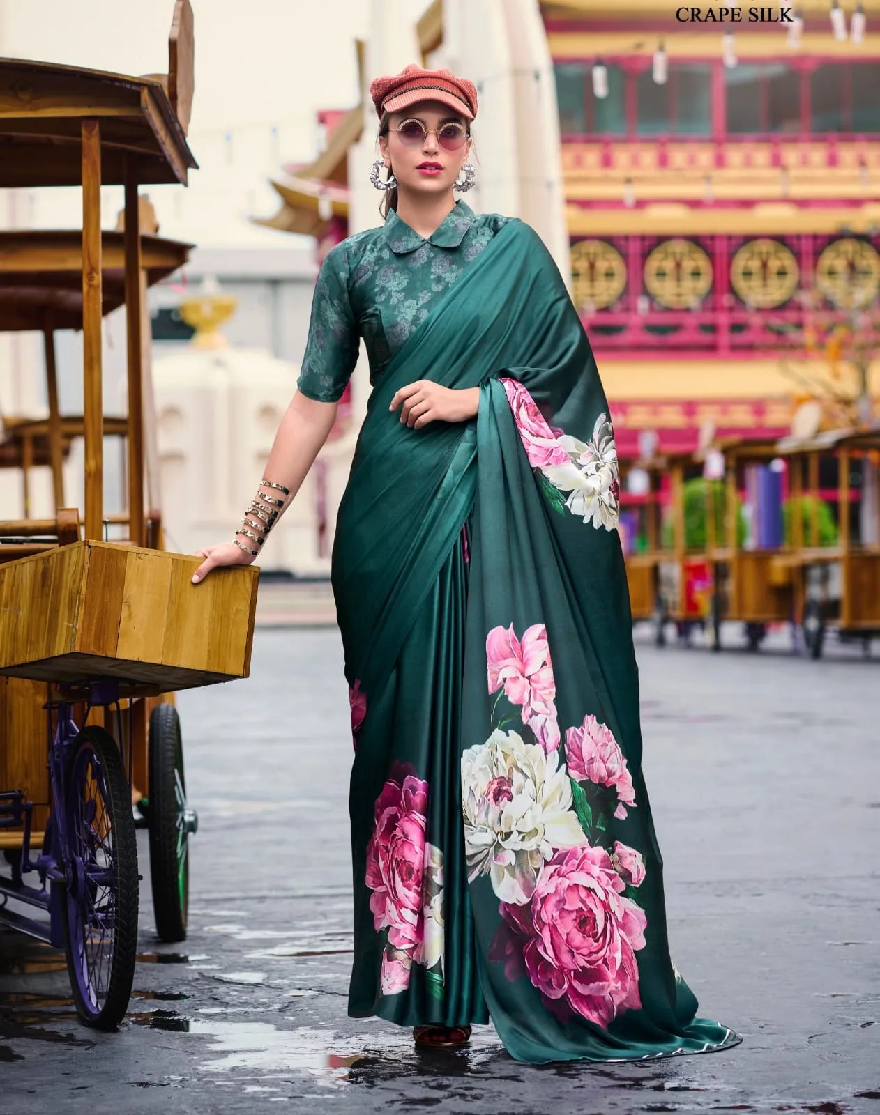 Partywear Digital Printed Satin Crepe Saree