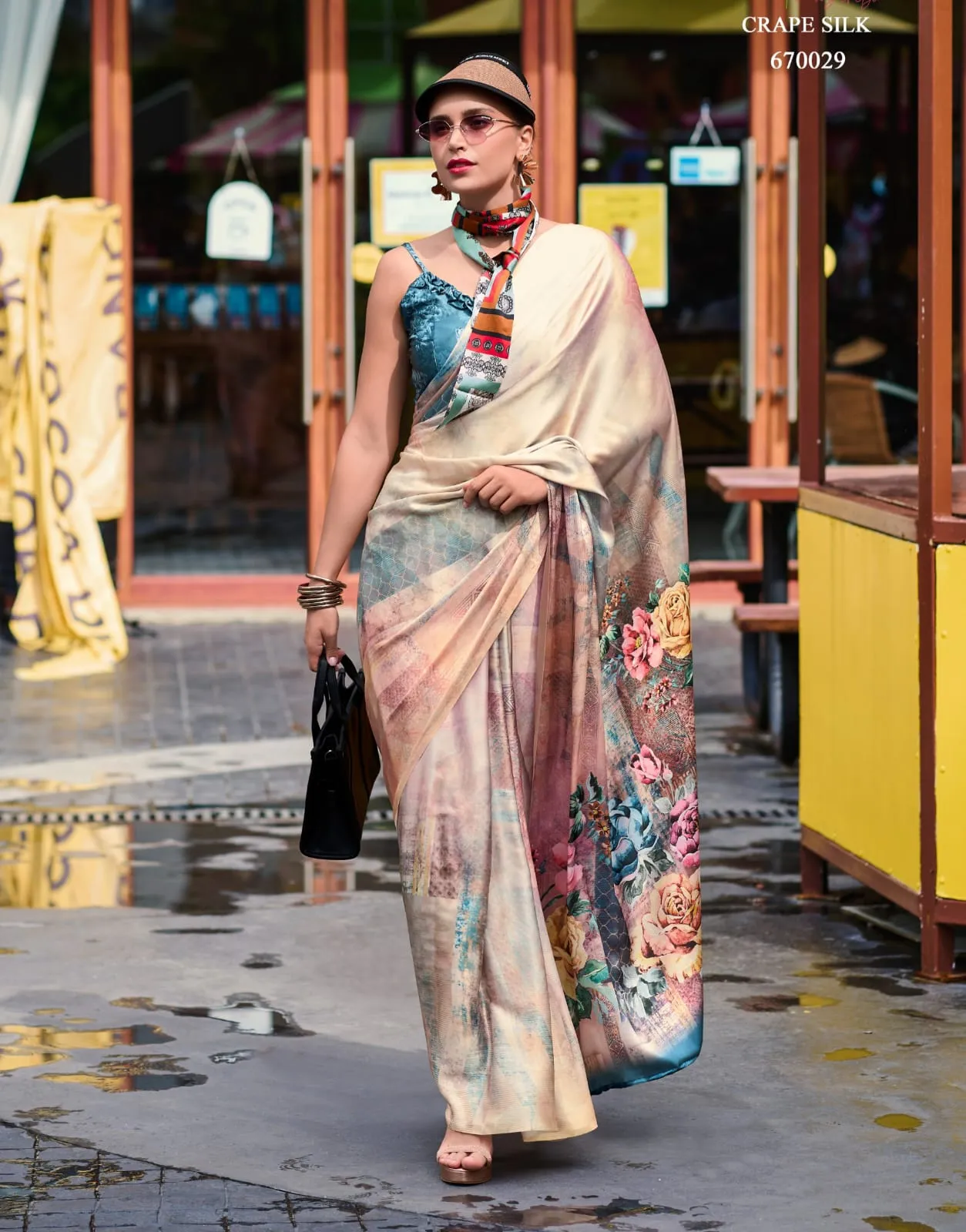 Partywear Digital Printed Satin Crepe Saree