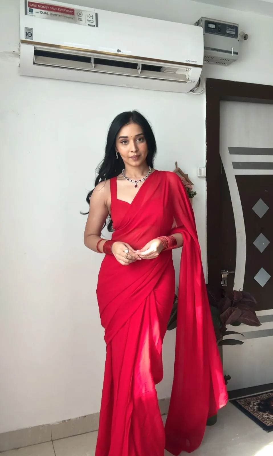 Plain Red Ready to Wear Saree