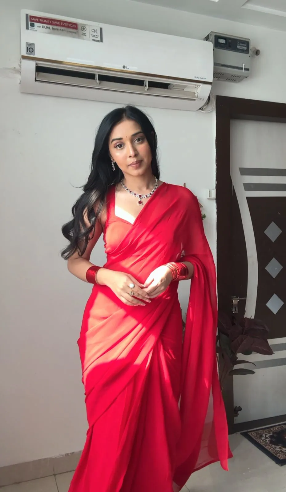 Plain Red Ready to Wear Saree