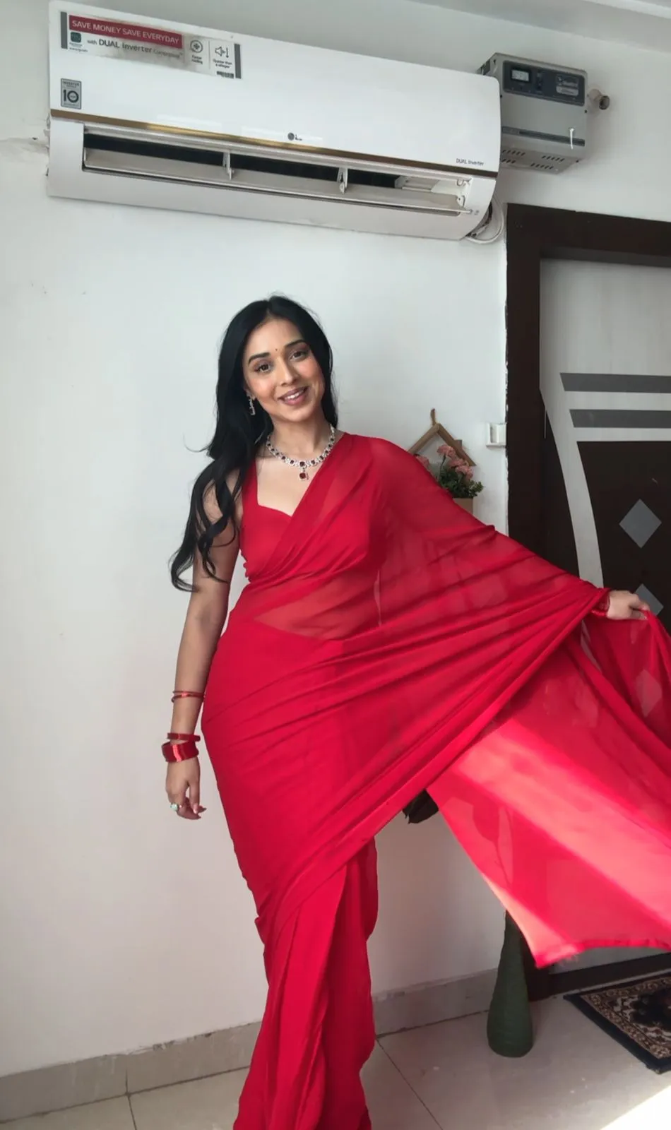 Plain Red Ready to Wear Saree