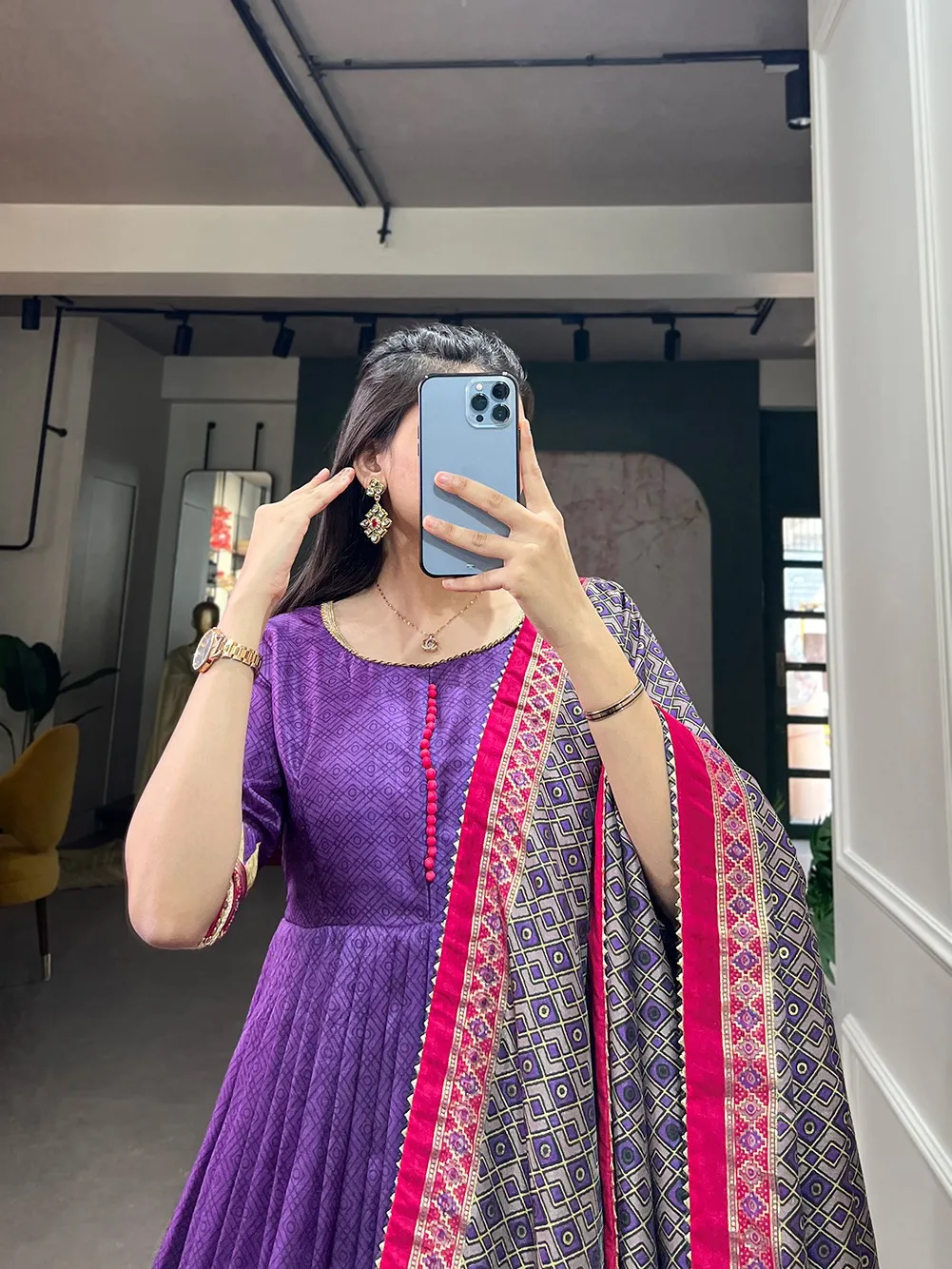 Pochampalli Dress Gown with Dupatta
