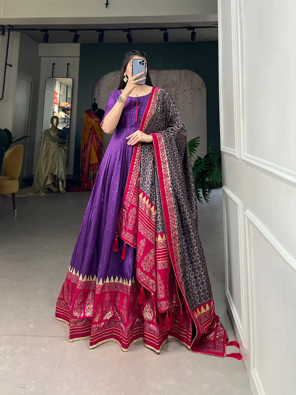Pochampalli Dress Gown with Dupatta
