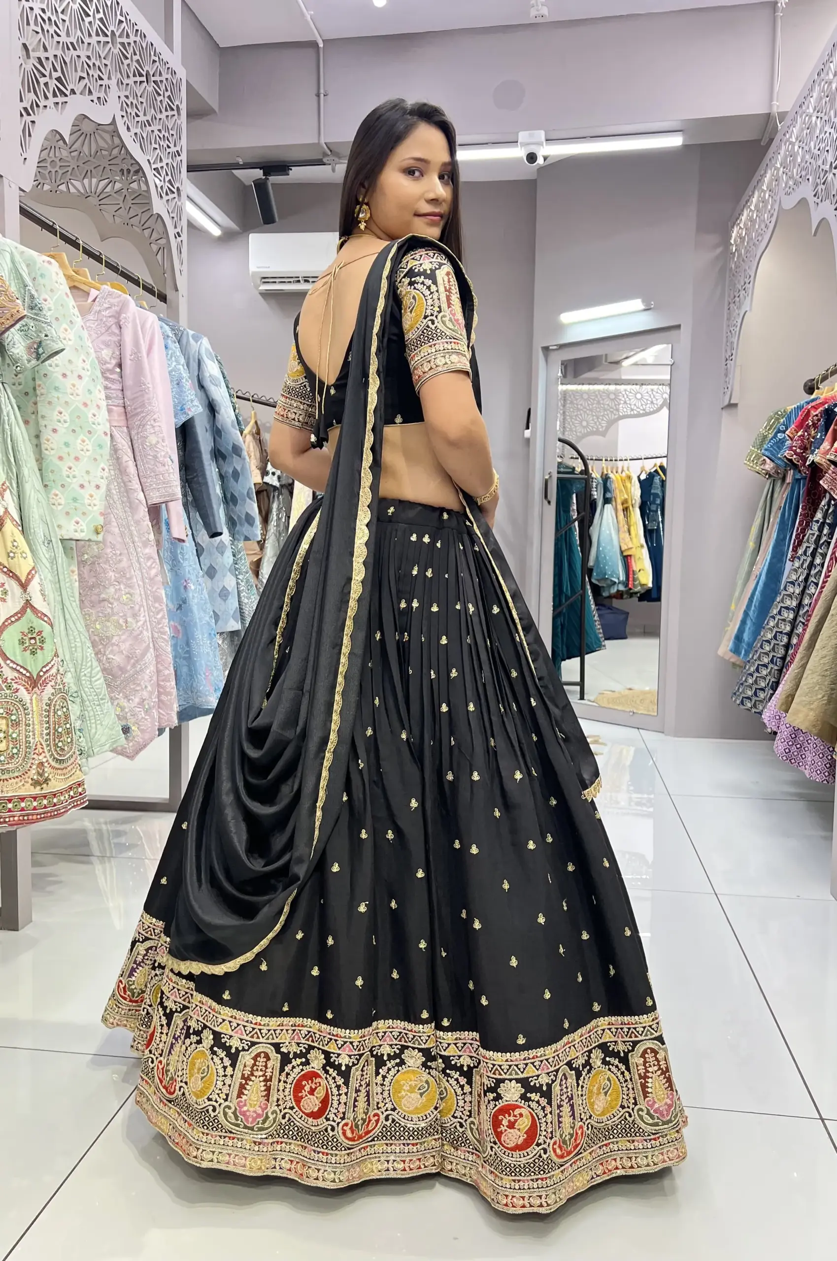 Pure Black Lehenga with Multi Color Embroidery