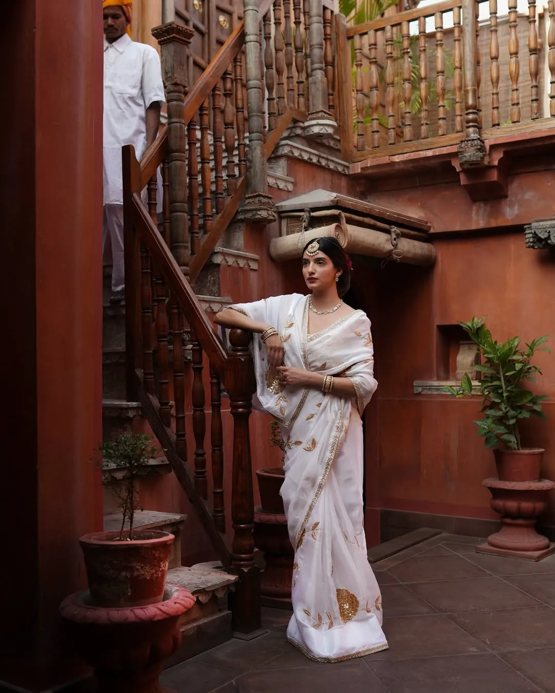 Pure White Saree with Golden Embroidery Bollywood Saree