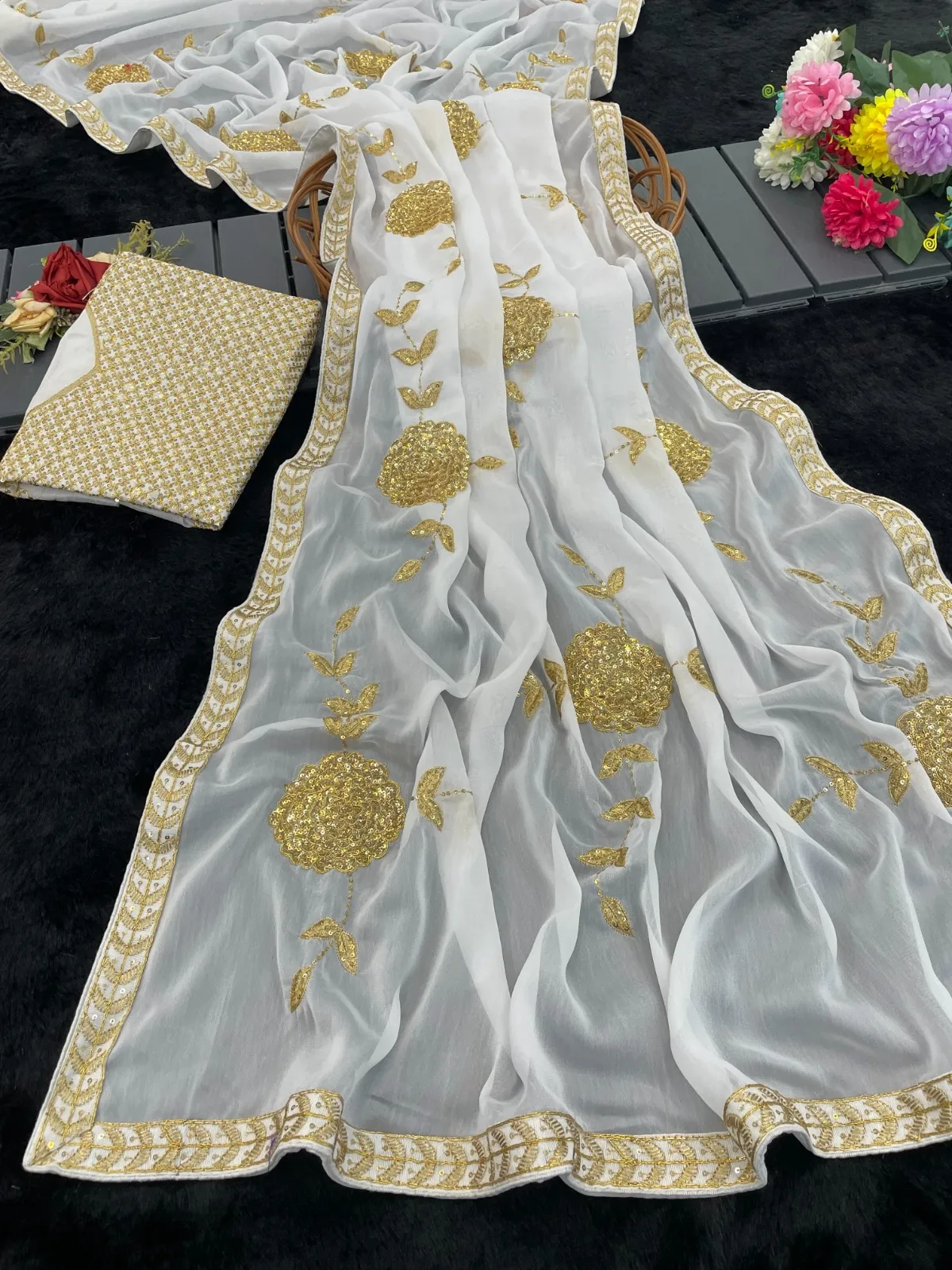 Pure White Saree with Golden Embroidery Bollywood Saree